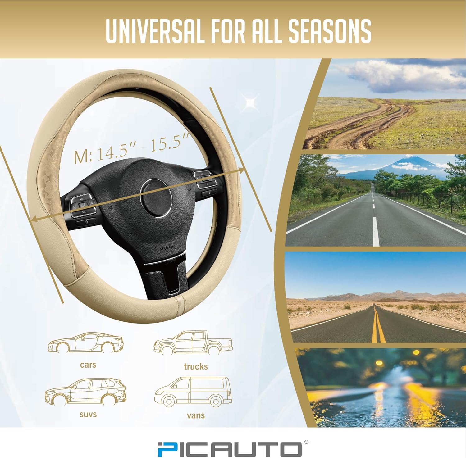 PIC AUTO Steering Wheel Cover, Gold Patterned Leather Patchwork Design, Universal Fit 14.5"–15.5", Anti-Slip, Odor-Free, Soft PU Grain Leather, Durable Grip Car Accessory for Girls & Women - Image 7