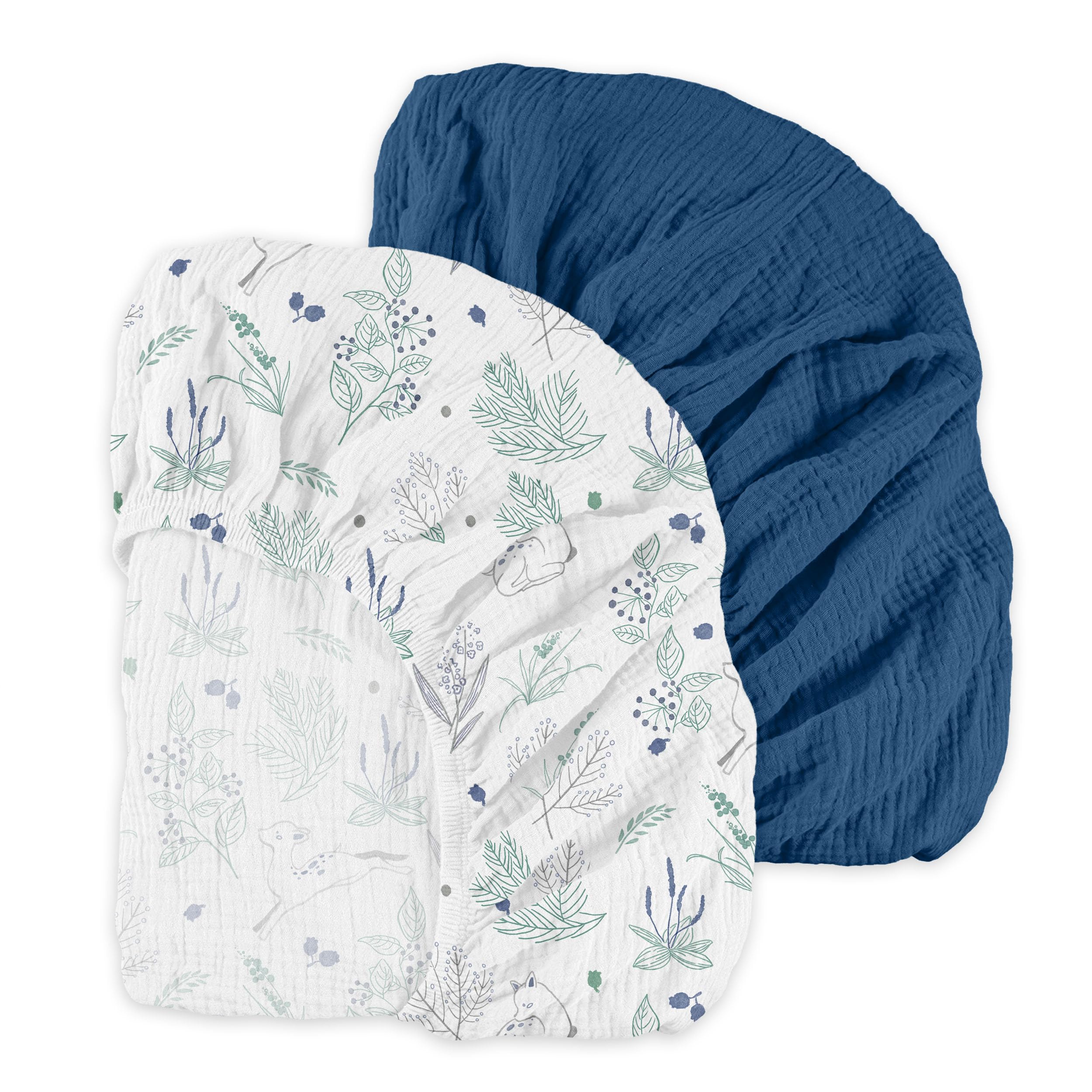 Muslin Mini Crib Sheets, 2 Pack for Baby Boy and Girl, Soft Breathable Stretchy Baby Pack N Play Mattress and Mini Cribs Sheet, Universal Fitted Portable/Mini Crib Mattresses (Blue Deer) — image 1