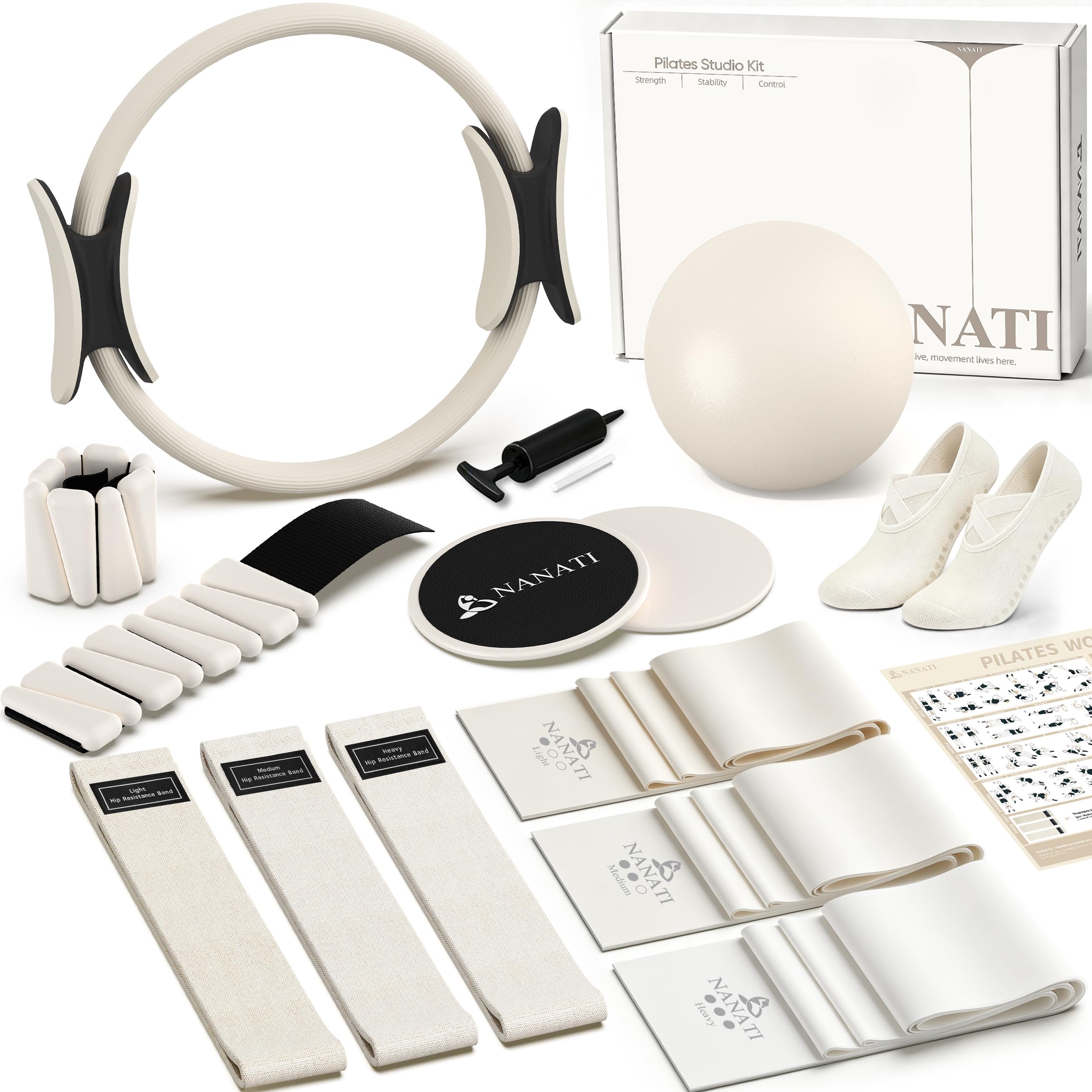 NANATI Pilates Kit with Ankle Weights, Pilates Essentials Kit for Women, Pilates Equipment with 14.5"" Pilates Ring and Ball, Resistance Bands, Core Sliders & Grip Socks for Home Workouts (Beige)