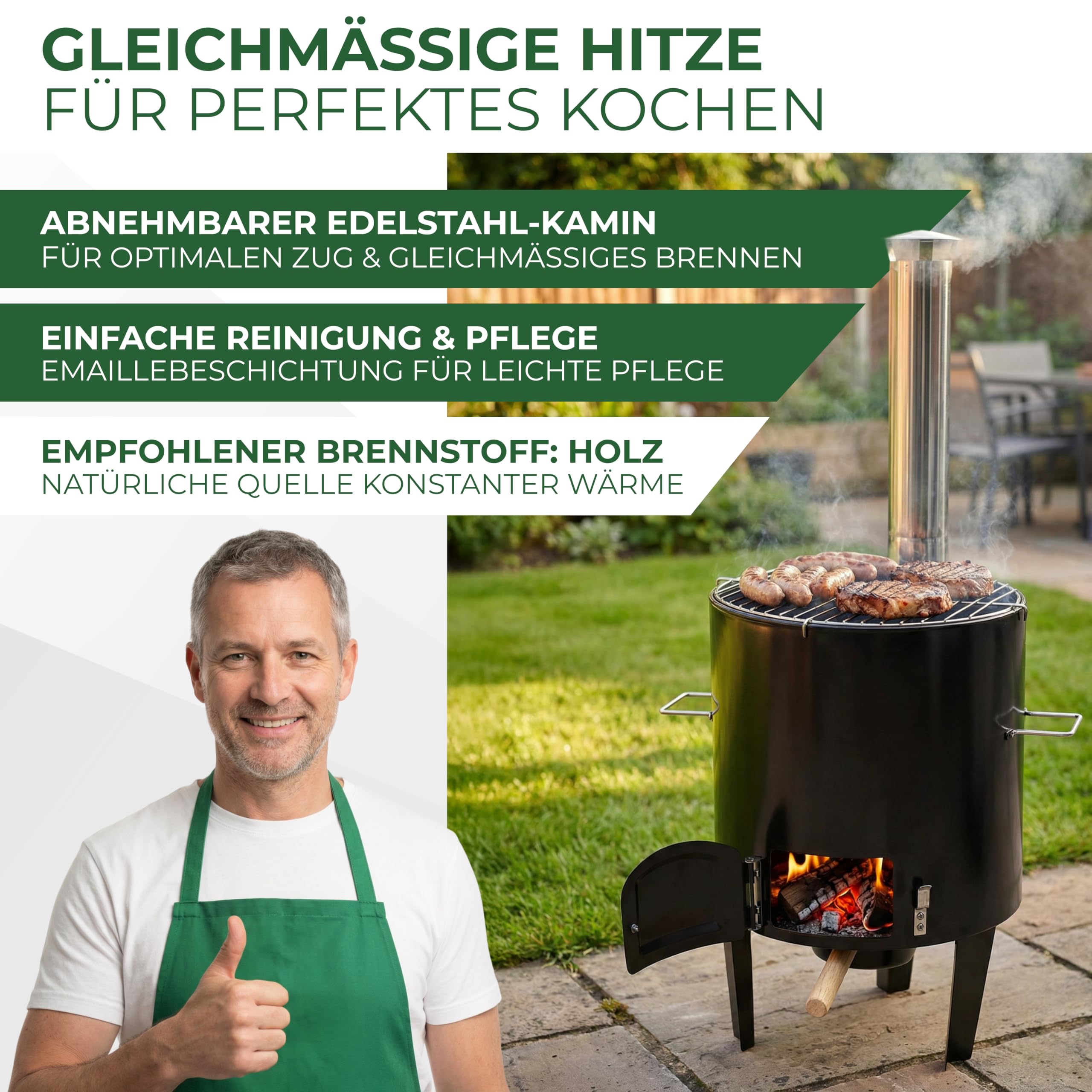 STREND PRO Gulaschkanone 14 Liter Komplett-Set emaillierter Gulaschkessel Outdoor Gulaschkocher für Holzfeuer Edelstahlkamin