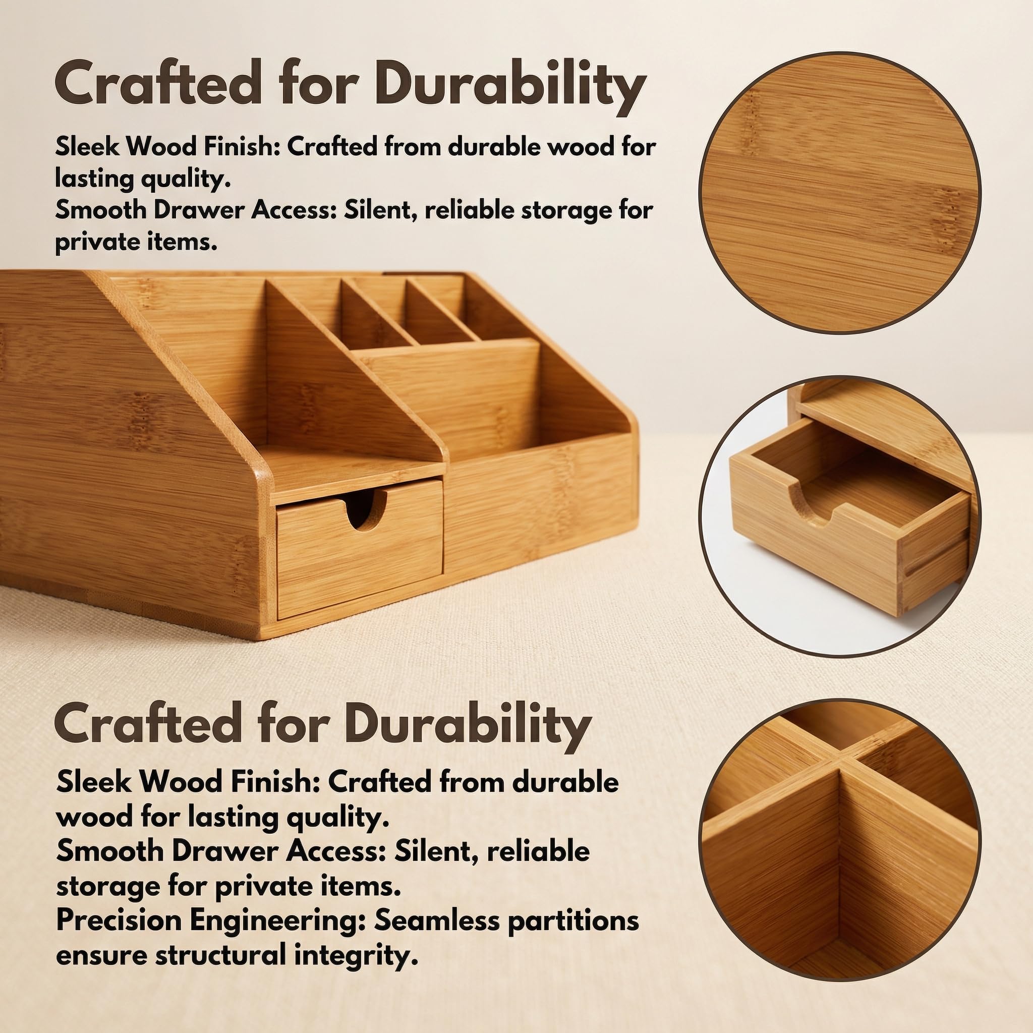 Holz Schreibtisch Organizer 24.5x15x11cm Büro Organizer mit 7 Fächer und Schublade Aufbewahrungsbox Fernbedienung Halterung Stiftehalter Schreibtischablage Tischorganizer für Büro und Zuhause