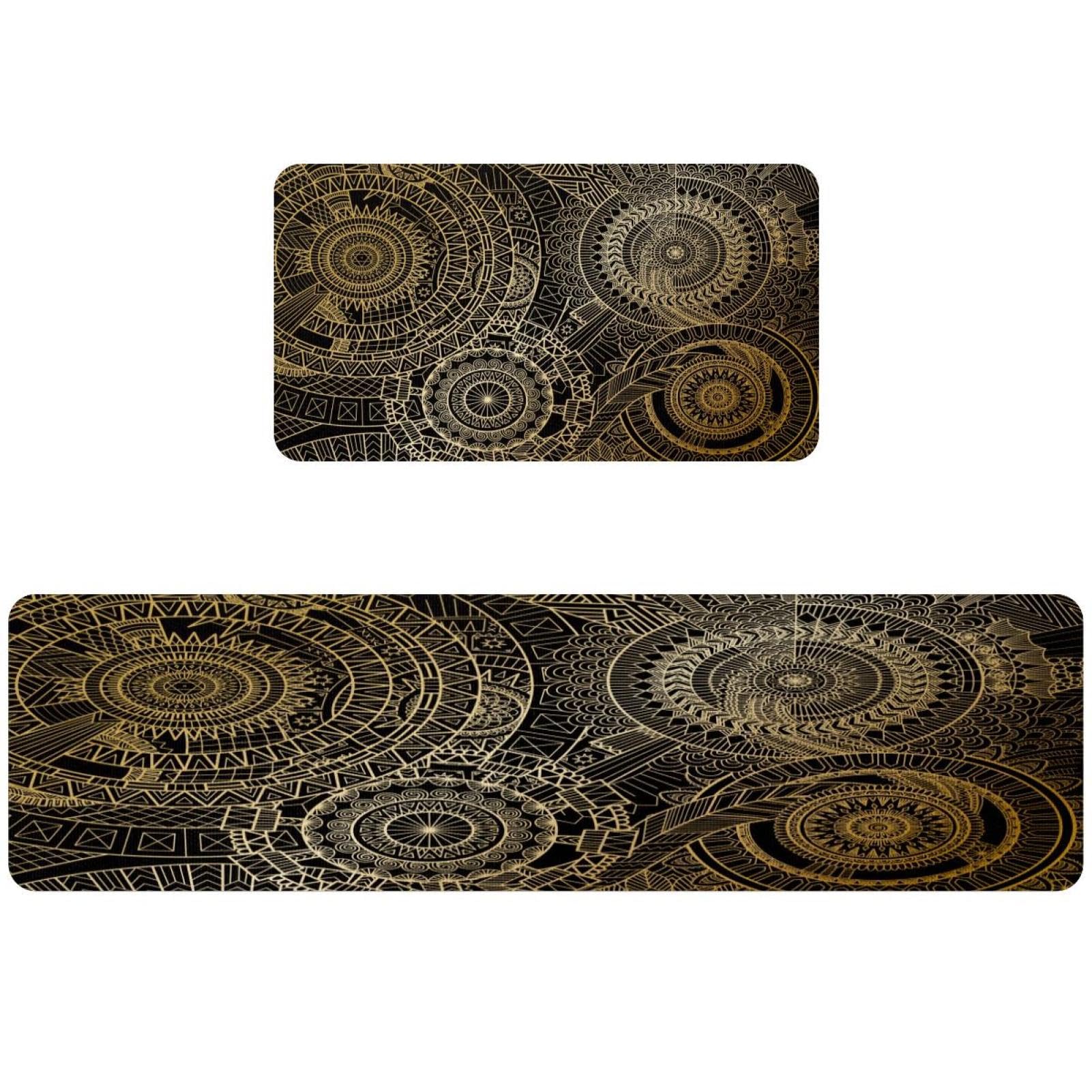 Alfombra de cocina VAPOKF estilo mandala de línea dorada con acabado lavable elegante