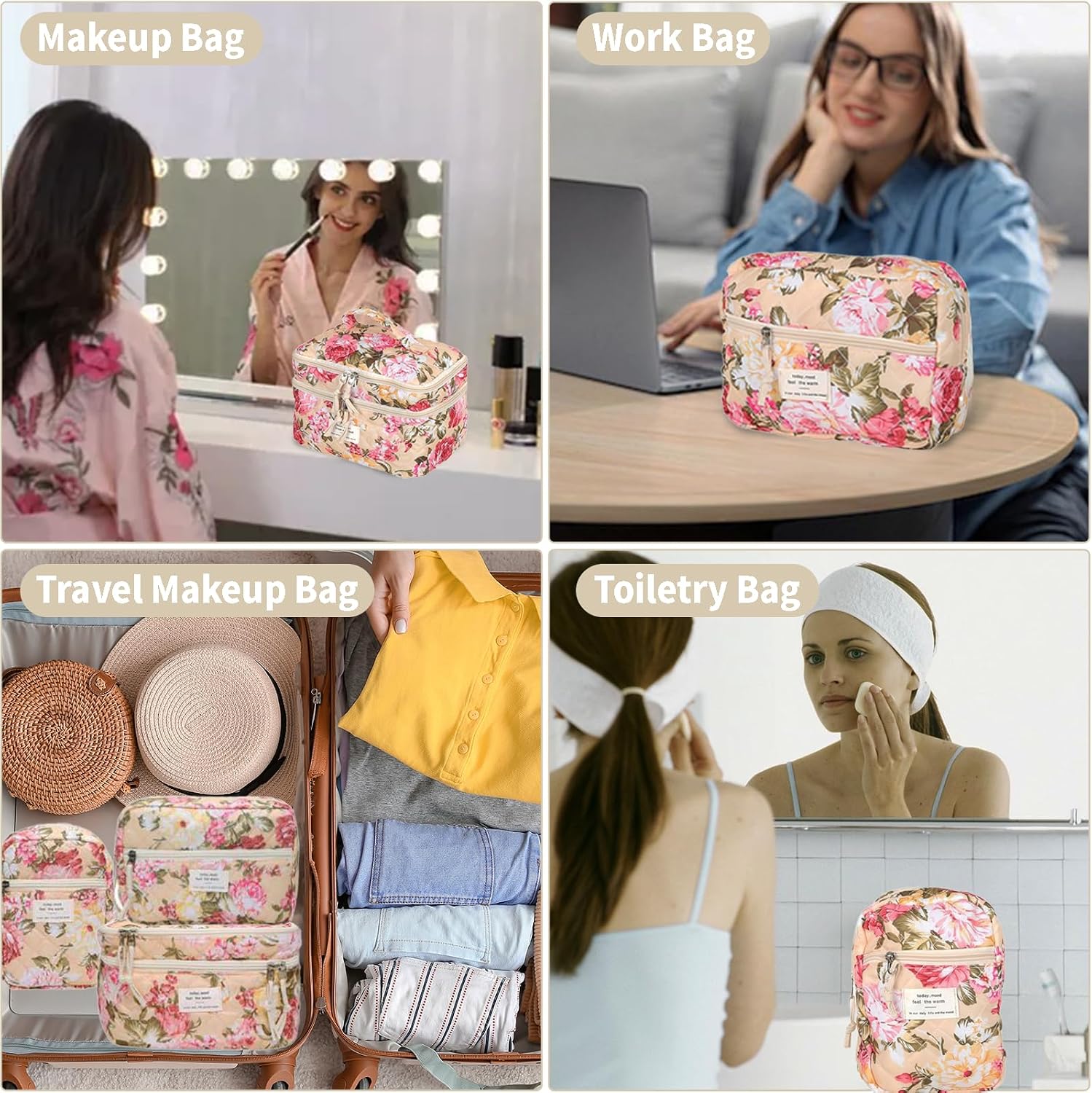 Vintage Floral Quilted Cotton Makeup Bag Set for Women and Girls (3-Piece) - Large, Medium & Small Cosmetic Organizers for Travel, Daily Use, Durable Zipper Pouches with Brush Compartments