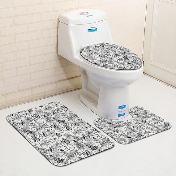 3Piece NonSlip Bath Mat Set, Sketchy Vintage Retro Bicycle Hand Drawn