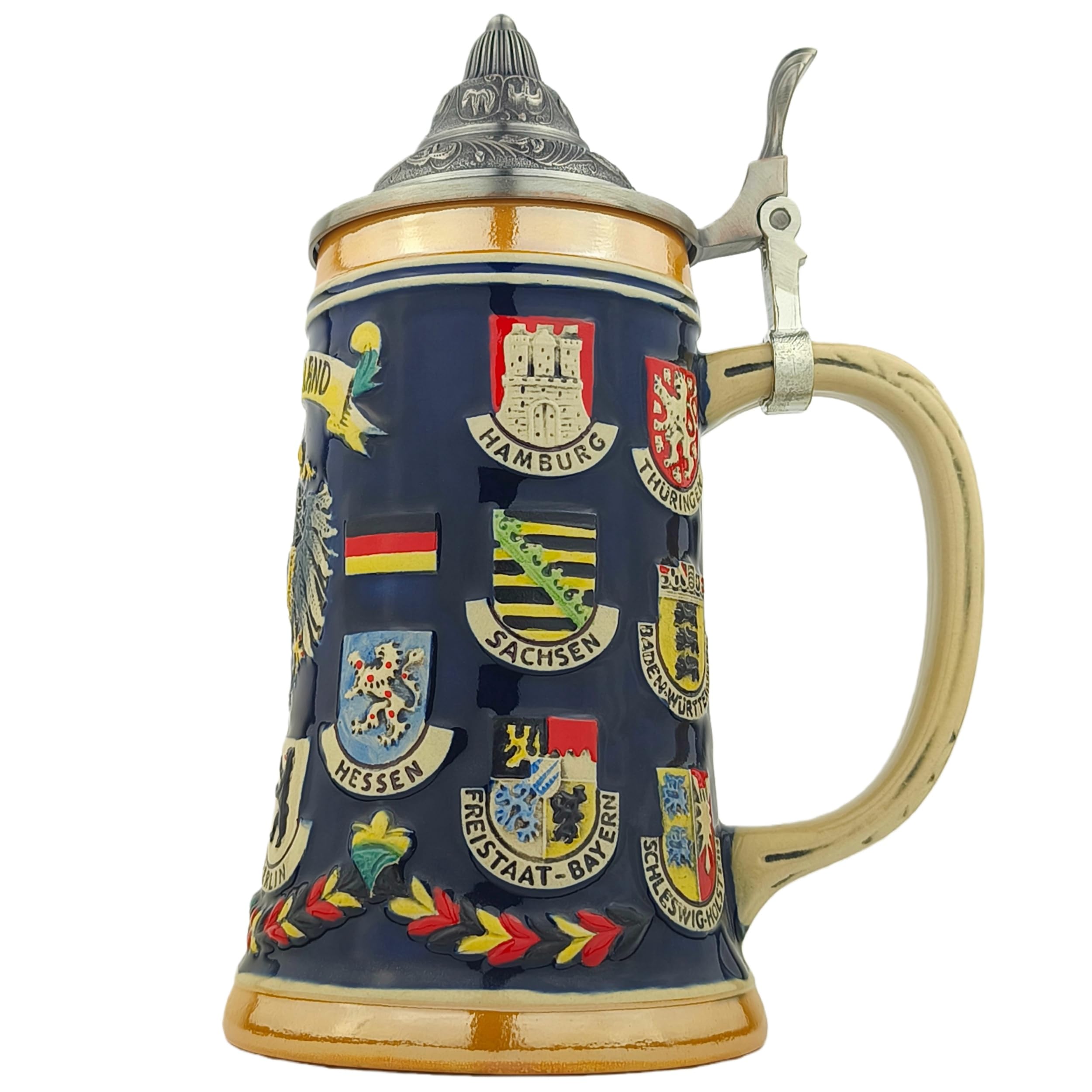 Bierkrug mit Deckel 0,7L – Steinkrug mit Deutschland-Motiv und Bundesländer-Design – Geschenkidee für Männer, Bierliebhaber & Sammler