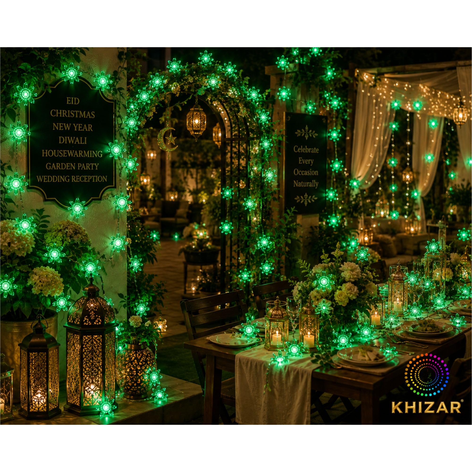 KHIZAR LED String Lights for Decoration, Fairy Curtain & Hanging Lights for Bedroom, Ramadan, Eid, Festival & Home Wall Decor (Green Flower) 3