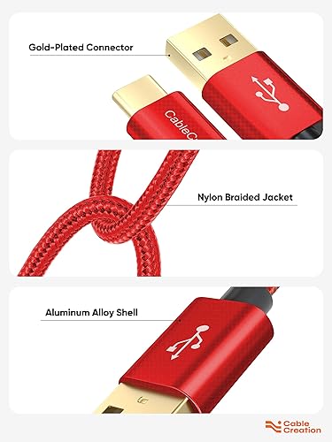 Miniatura 6 de CableCreation Cable corto USB a USB C de 2 pies, cable rojo USB A a USB C, cable de carga rápida trenzado USB C macho a USB macho para banco de