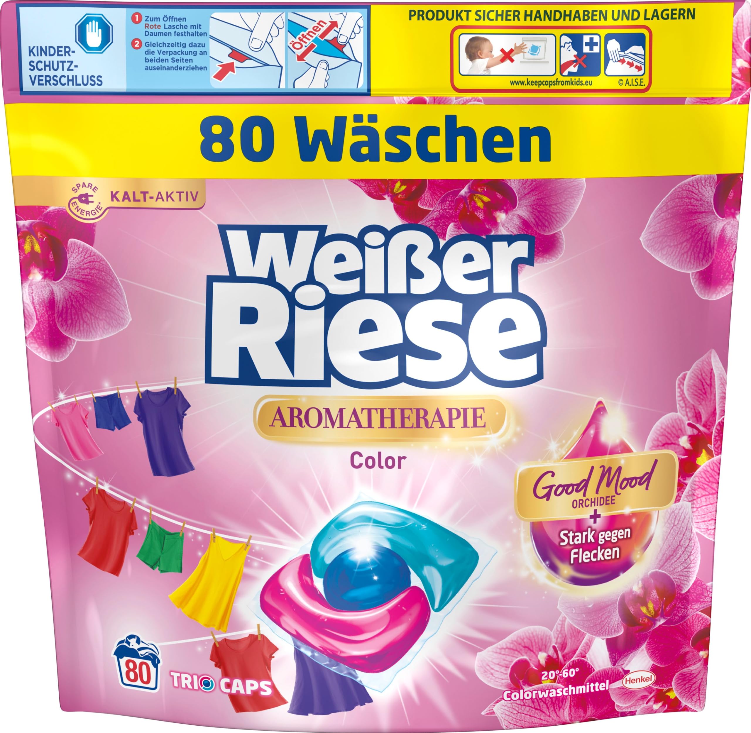 Weißer Riese Color Trio-Caps Aromatherapie Orchidee 2x 80 WL (160 Waschladungen), Color Waschmittel mit Good Mood-Duft für unwiderstehlich duftende & strahlend saubere Wäsche, 100% recycelbar