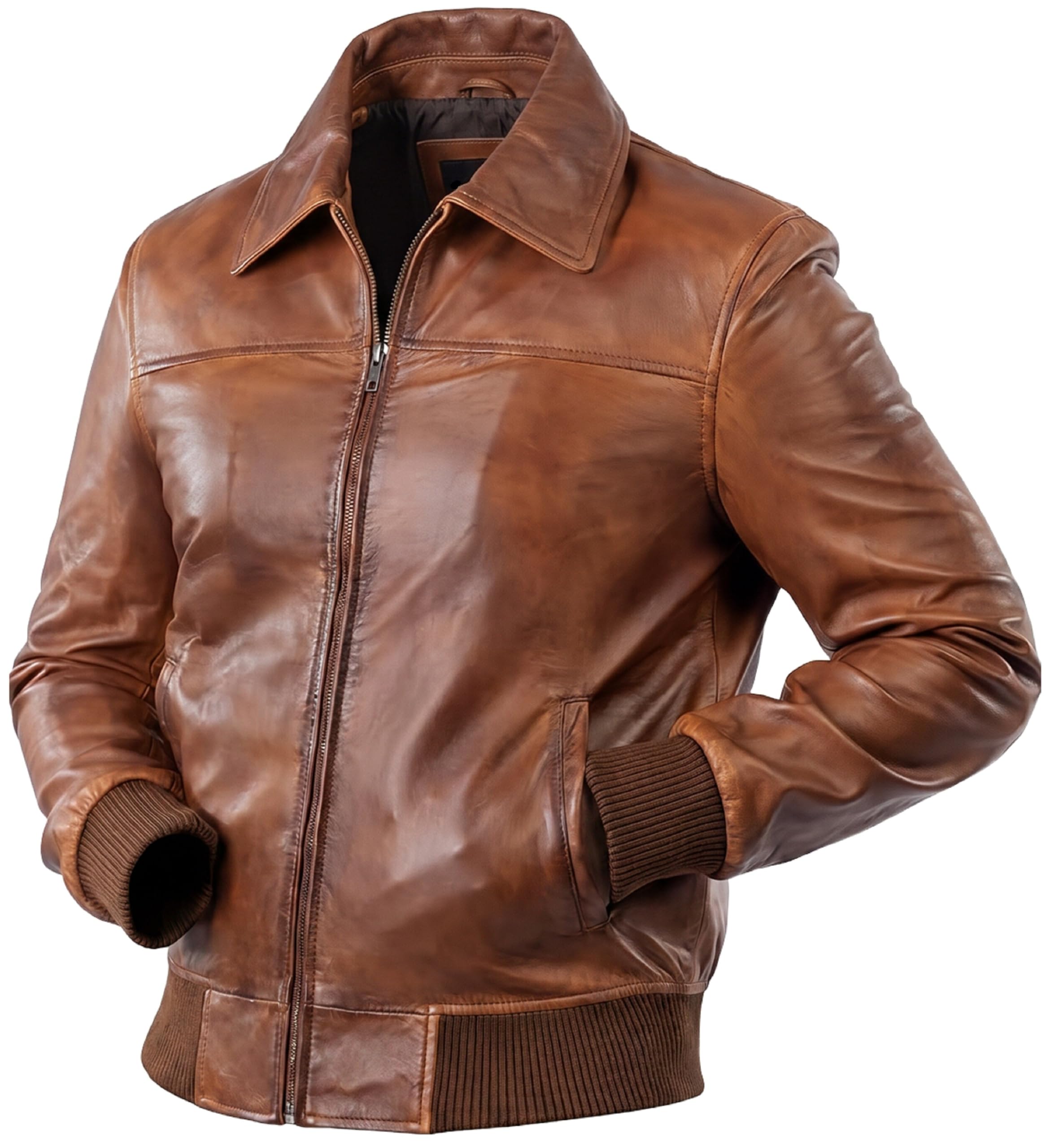 Chaqueta bomber de cuero resistente para hombre con ribete acanalado inspirado en la época