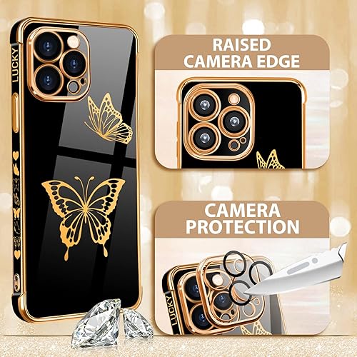 Miniatura 3 de Petitian Funda para iPhone 14 Pro Max, bonita funda de teléfono con diseño de mariposas para iPhone 14 Pro Max, cubierta de teléfono chapada en oro