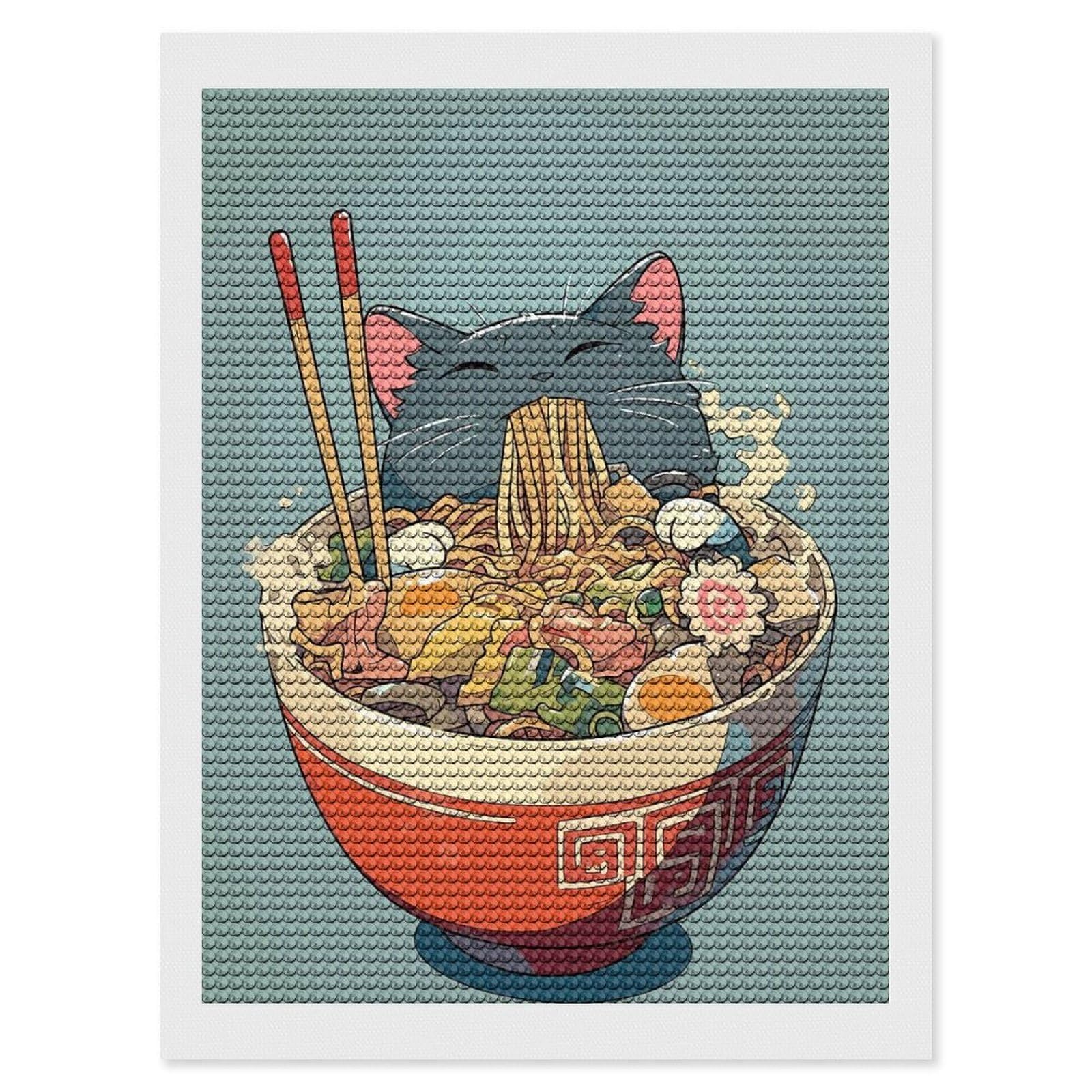 Junmoney Ramen Noodle Anime Cat Diamond Painting Set 12"x16", Sparkling Round Gems, Decorate Your Room, Fun Craft Experience, Modern Decor