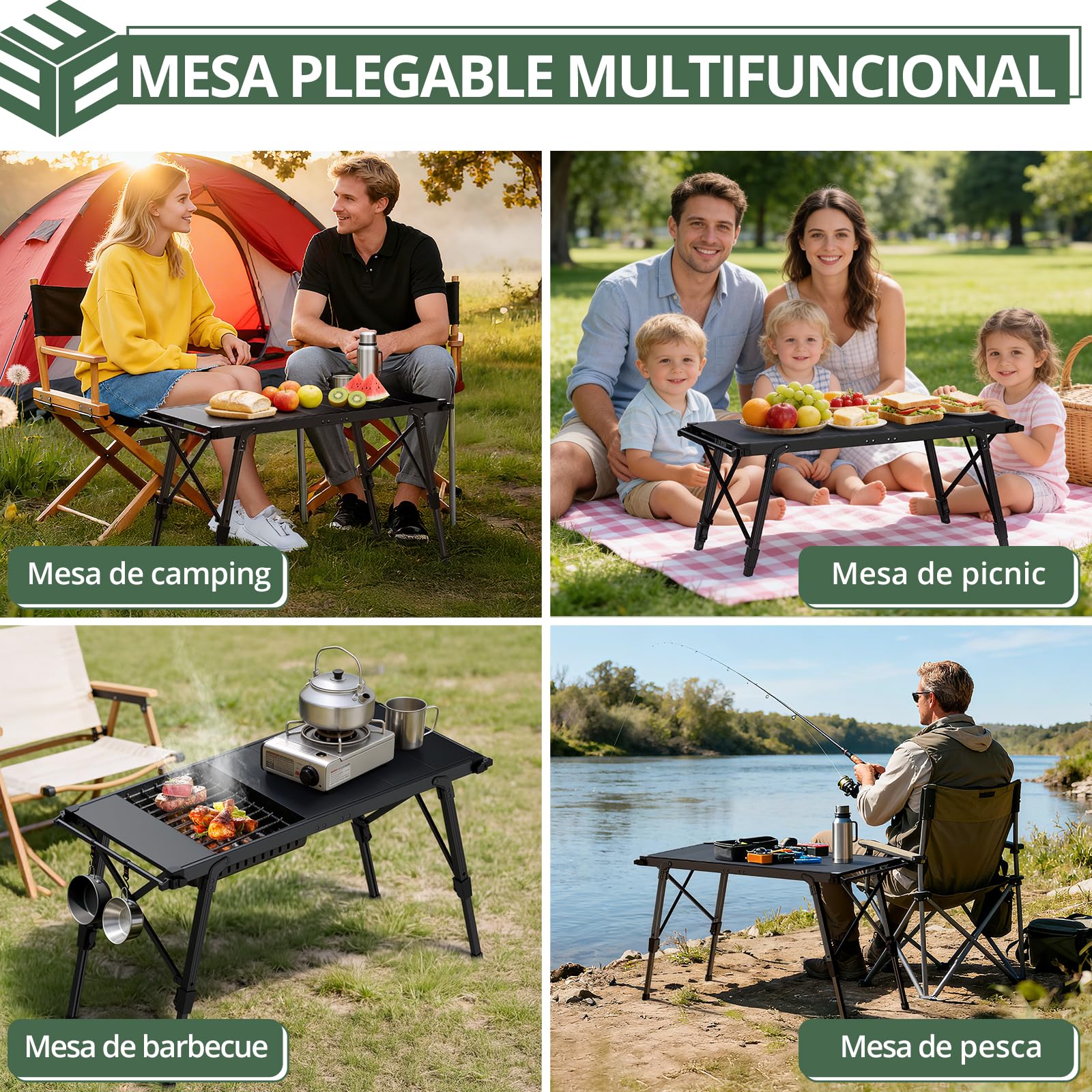 EYPINS Mesa Plegable Camping IGT(3.5 unidades) 88x38cm,Altura Ajustable Continua 38-55cm,con Barra Lateral Colgante,Combina Estufas Parrillas y Cajas de Almacenamiento para Camping Autocaravana Picnic
