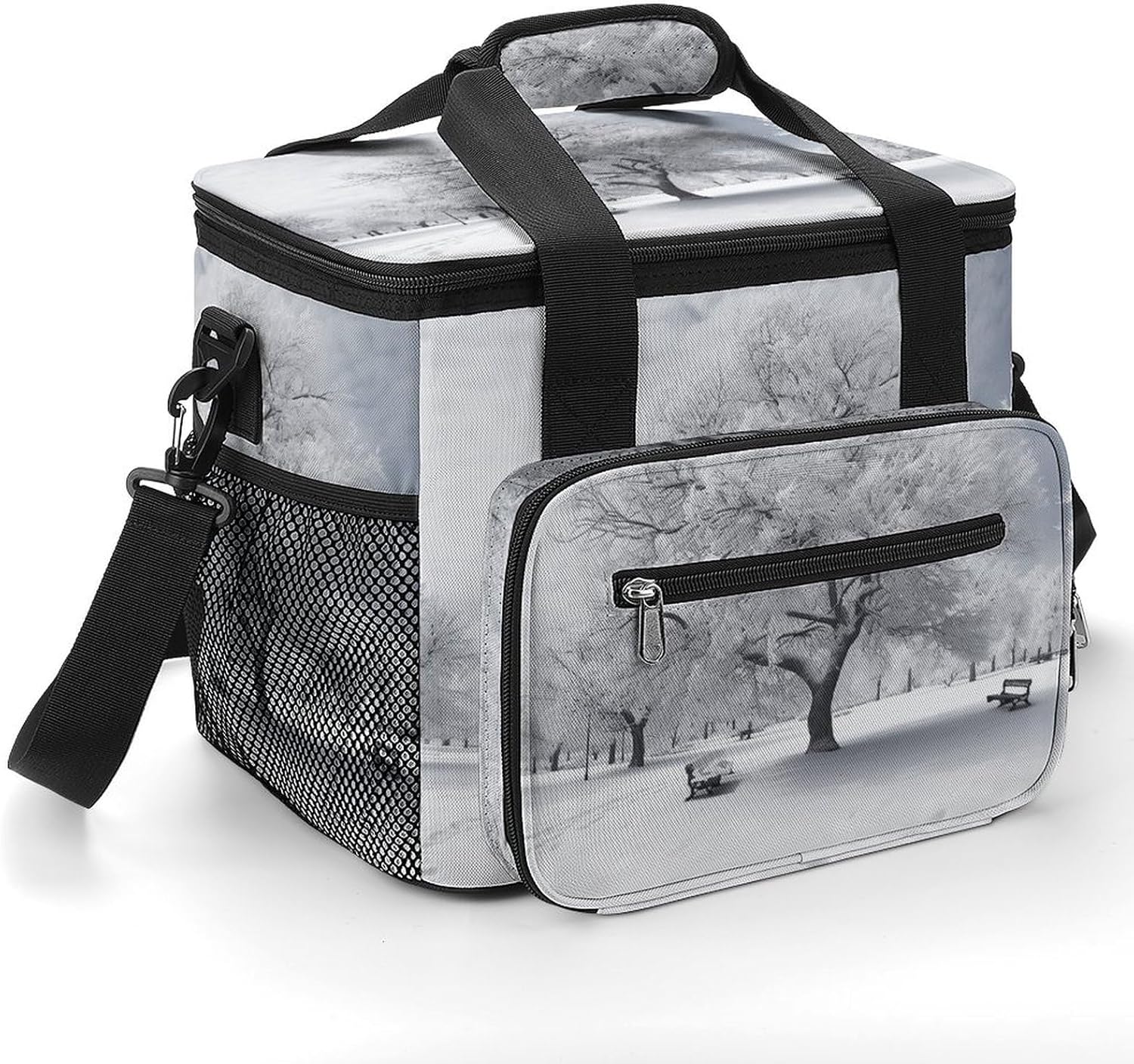 Camping Ice Pack, White Snow Tree Print Cooler Bag, 22.5L Large Capacity Insulated Lunch Tote Bag for Outdoor, Picnic, BBQ, Travel, Work