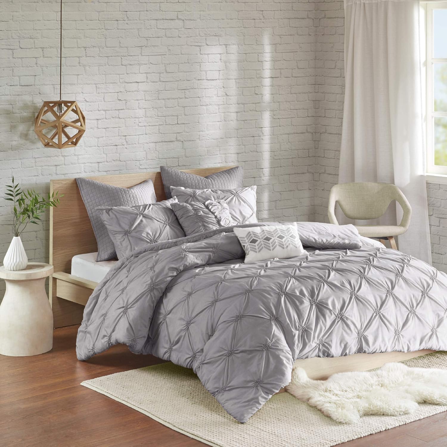 New Deal Urban Habitat Comforter Set, Modern Lifestyle Design - All Season Down Alternative Bedding, Matching Shams, Talia, Pintuck Grey Full/Queen(88x92) 7 Piece