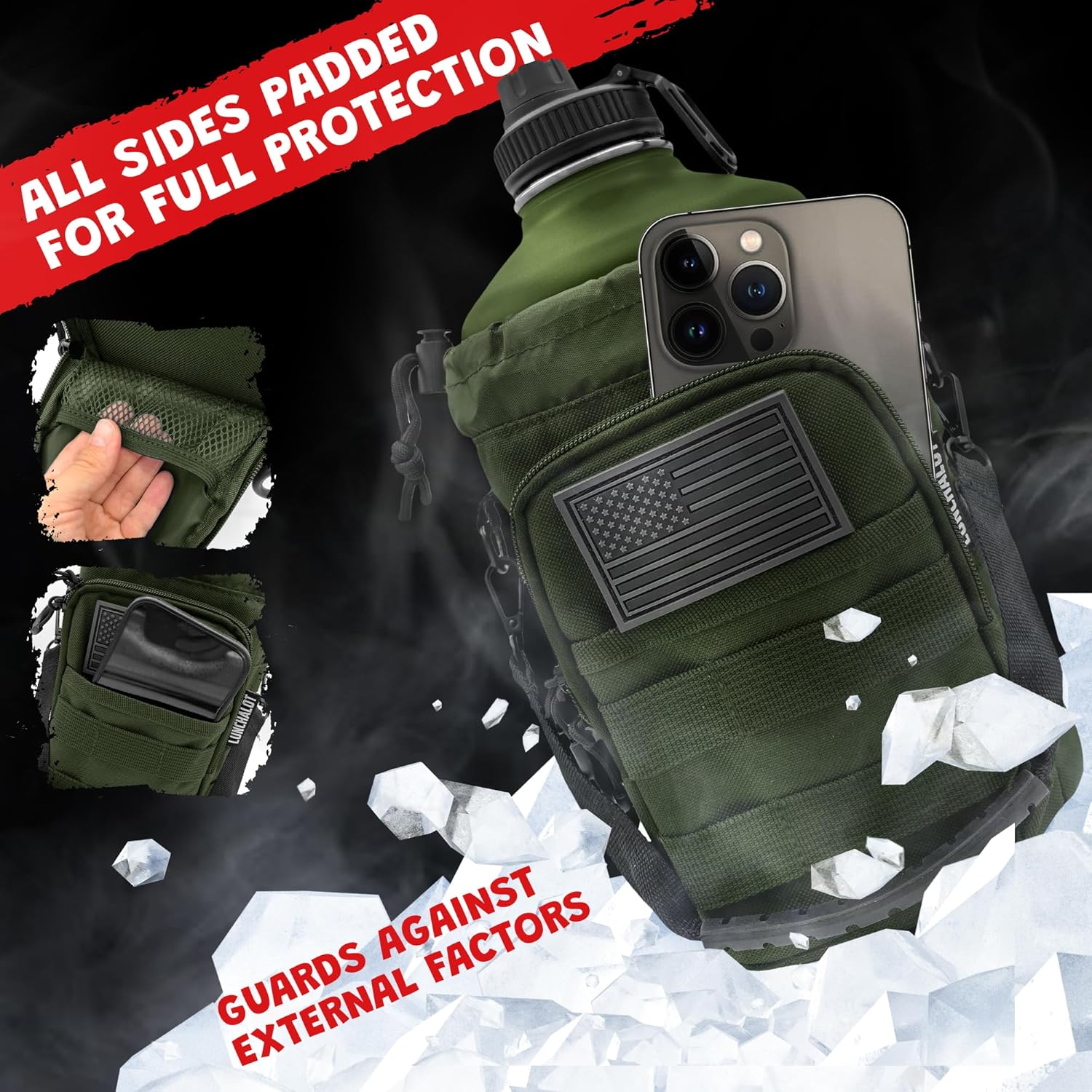 1 Gallon Water Jug - Insulated Stainless Steel Water Bottle with Carry Bag & Straw Lids - 128 Oz Large Capacity, Keep Cold & Hot, Green Tactical Design - Image 4