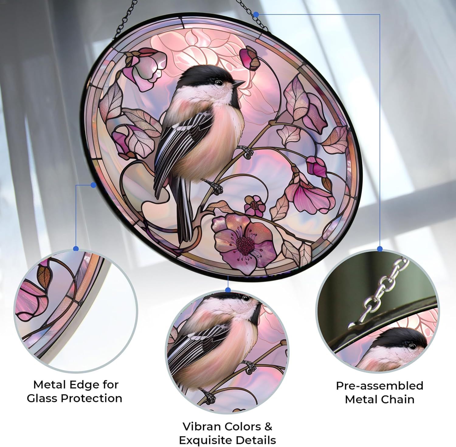 Easter Chickadee Stained Glass Window Hangings, Cat Butterfly Sunflower Handcrafted Stained Glass Suncatchers, Gift for Cat Lovers Nature Lovers (12”x12”)