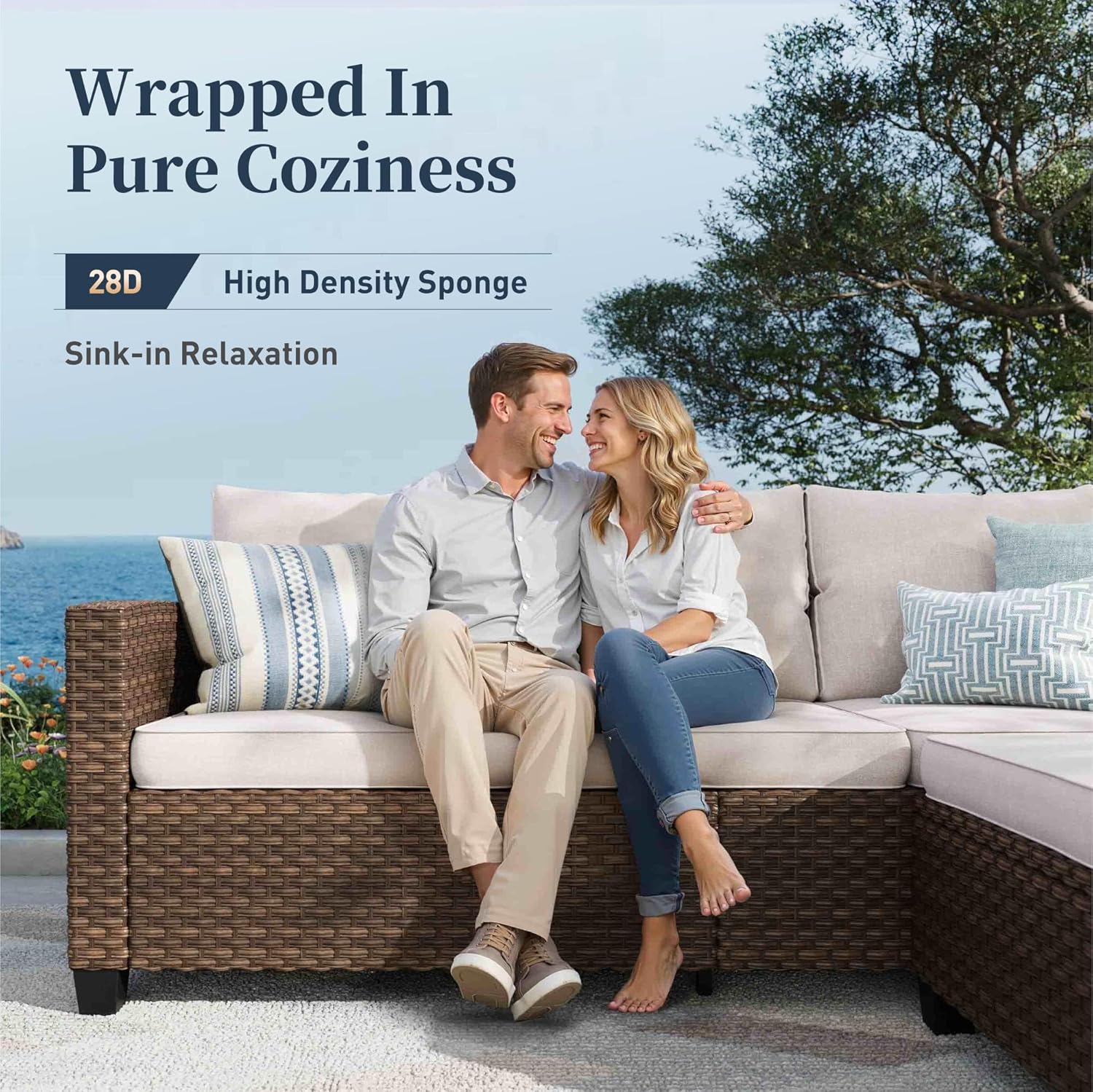 Swivel Glider Patio Furniture Set Outdoor Furniture Brown Wicker Rattan Patio Conversation Sets with Cushion Outside Sofa Set,7 Pieces with Rectangular Firepit Table,9 Seats,Beige