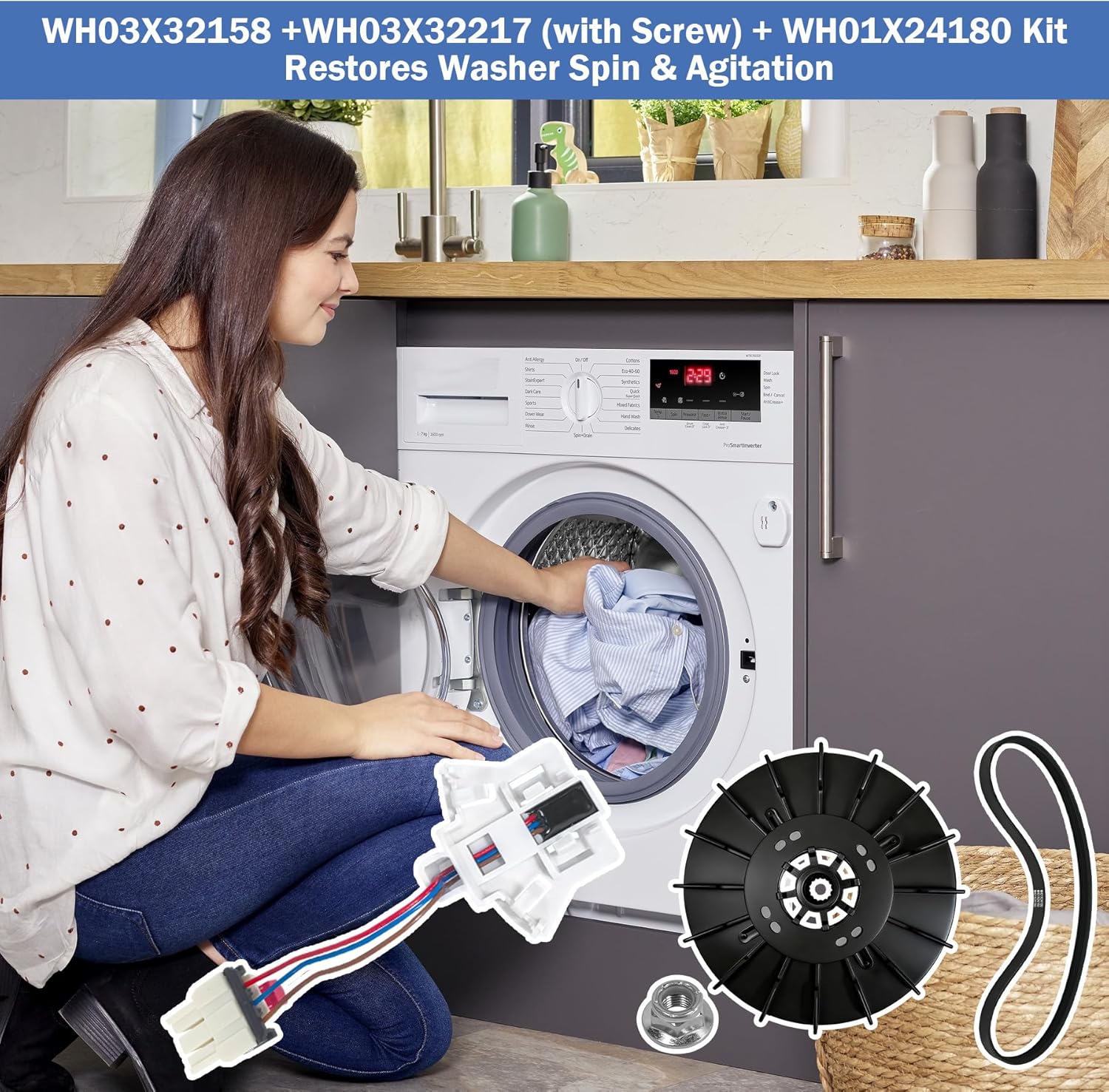 WH03X32158 Washer Speed Sensor&WH03X32217 1/2 HP Motor Pulley (with Nut) &WH01X24180 Drive Belt Compatible with GE & Hotpoint Replaces WH12X25294 PS16619248 AP7020336 GTW335ASN1WW GTW465ASN9WW