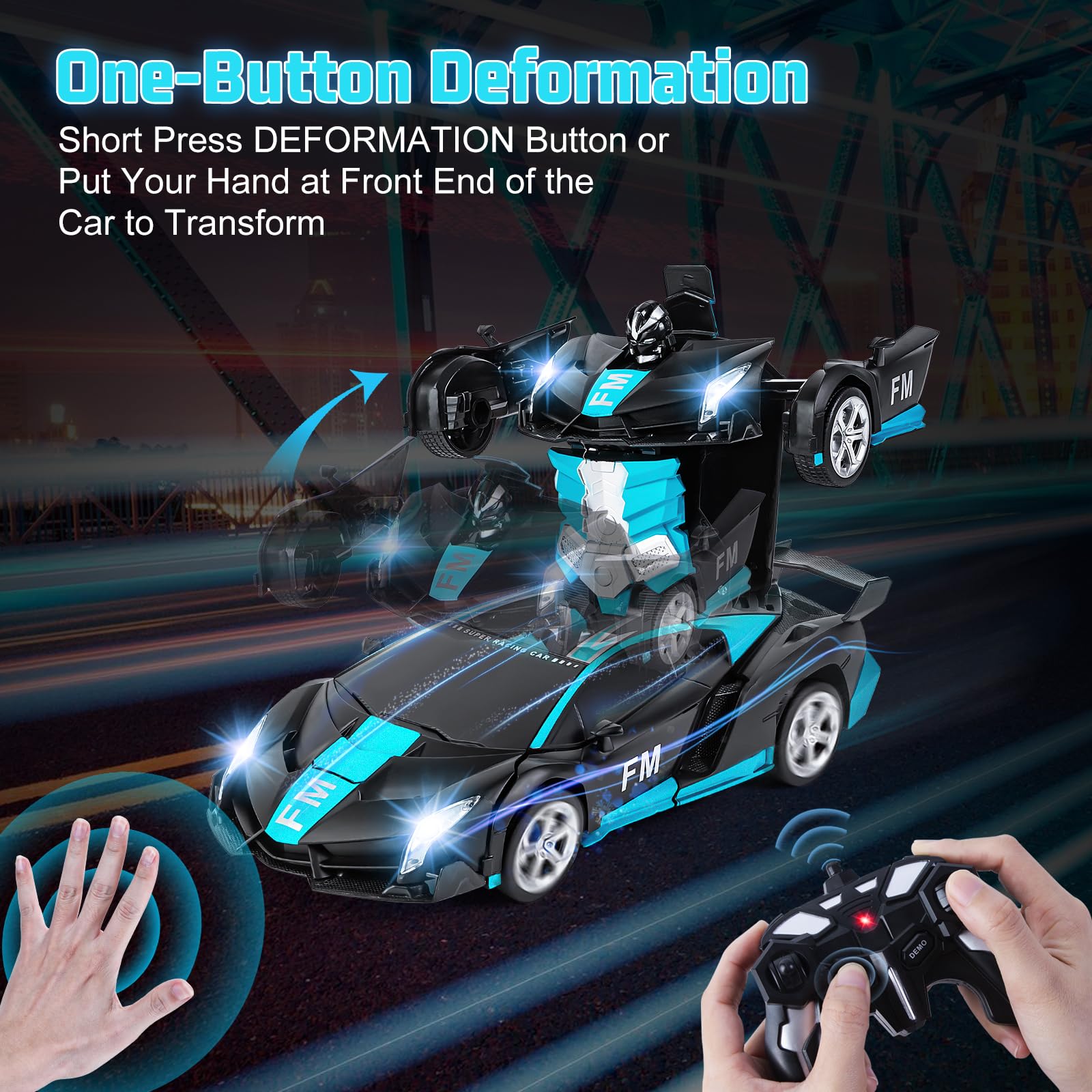 Kazzley Transformers Macchina Telecomandata Giocattoli, Auto Telecomandata con Sensore di Movimento, RC Robot Car con Effetto Luce e Suono, Macchina Radiocomandata per Bambini 4 5 6 7 8 9 10 Anni