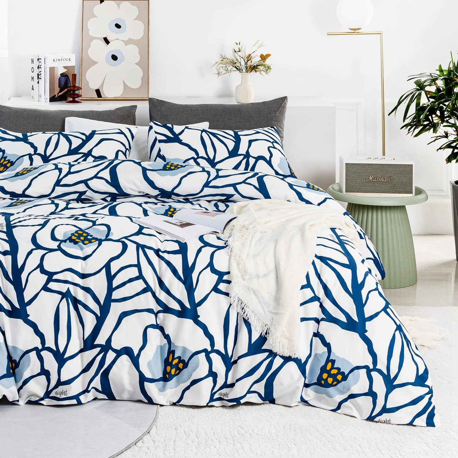YuHeGuoJi White Blue Botanical Duvet Cover King 100% Cotton 3 Pcs Set 1 Neutral Cartoon Abstract Floral Duvet Cover with Zipper Ties 2 Pillowcases Modern Cute Graffiti Flower Bedding Set Soft - Image 2