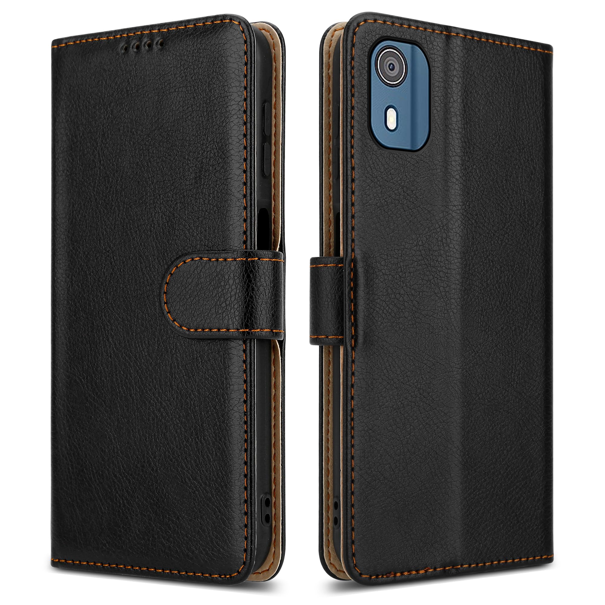 PIXFAB For Nokia C02 Leather Phone Case, Magnetic Closure Full Protection Book Folio Design, Wallet Case Cover [Card Slots] and [Kickstand] For Nokia C02 - Black