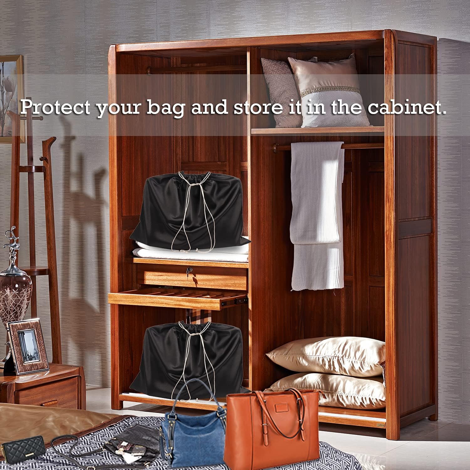 PlasMaller Dust Cover Storage Bags Thick Silk Cloth with Drawstring Pouch For Handbags Purses Pocketbooks Shoes Boots Set of 2, Black (19.6 x 15.7 in) - Image 2