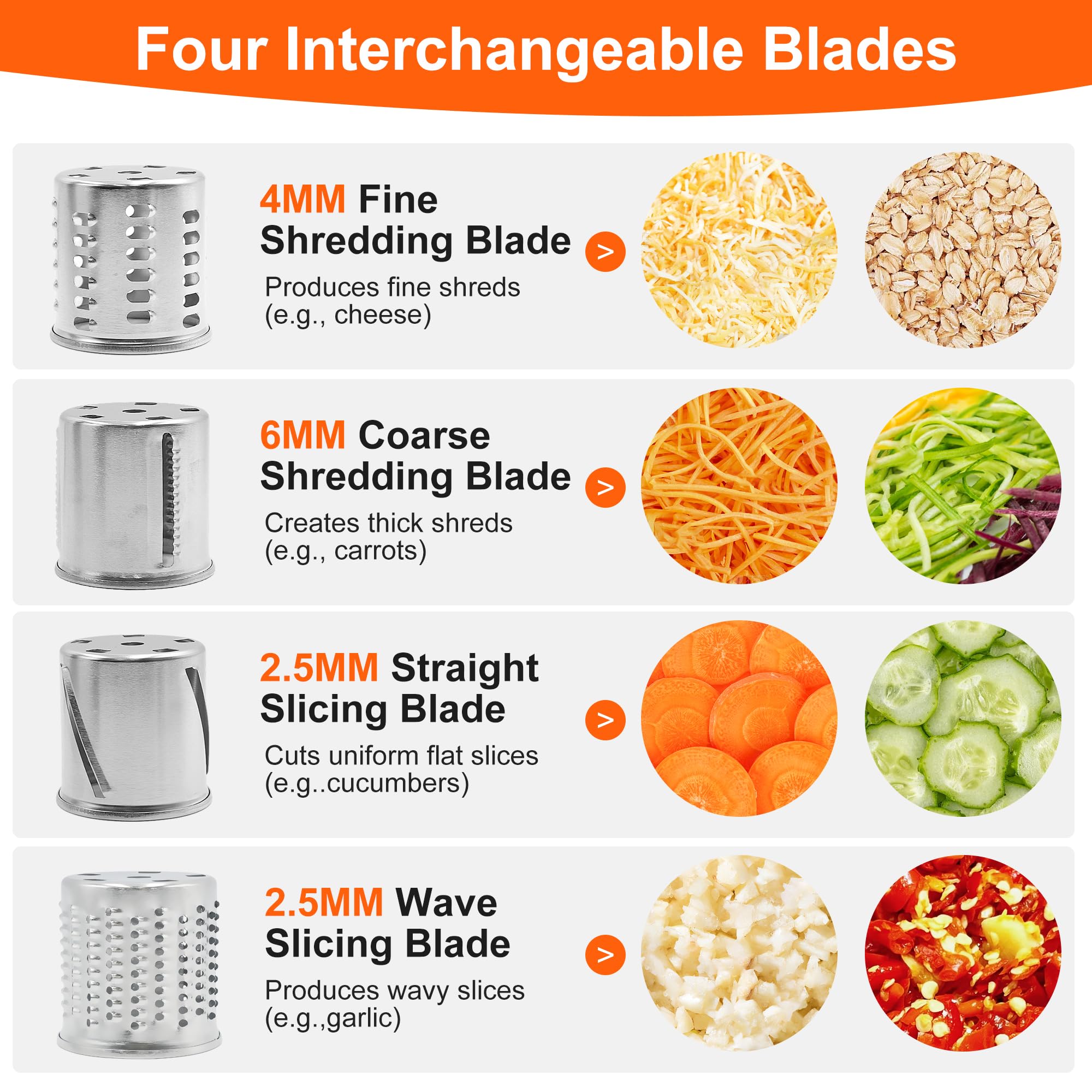 Edelstahl Slicer Shredder für KitchenAid Mixer Aufsatz Gemüse & Käsereibe Aufsatz mit 4 Klingen (fein, mittel, grob, Hobel), mit Knauf, spülmaschinenfest, Haltbarkeit