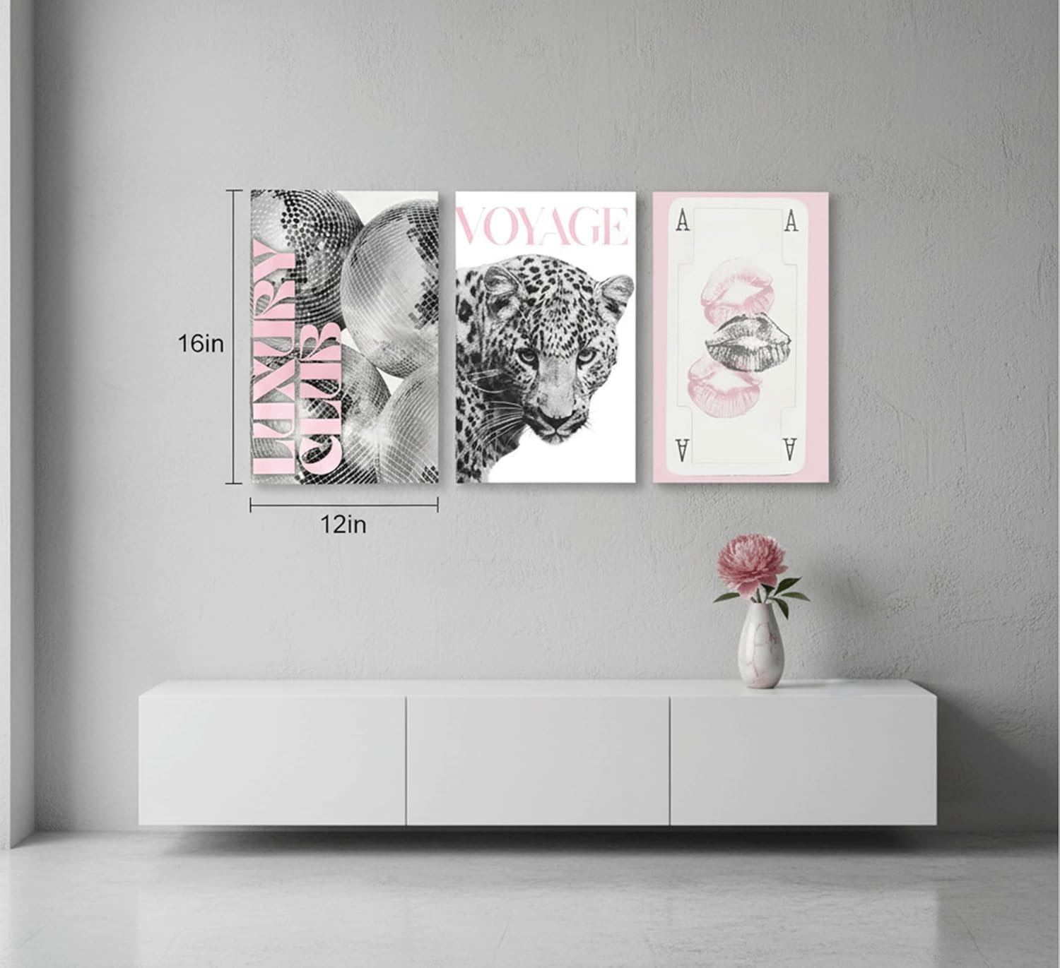 3pcs Pink Fashion Leopard Canvas Wall Art,Black and White Cheetah Pattern Printing Poster pictures,Funny Playing Card Lip Disco Ball wall decor for Girls' Room Living Room Bedroom 24x16in Framed