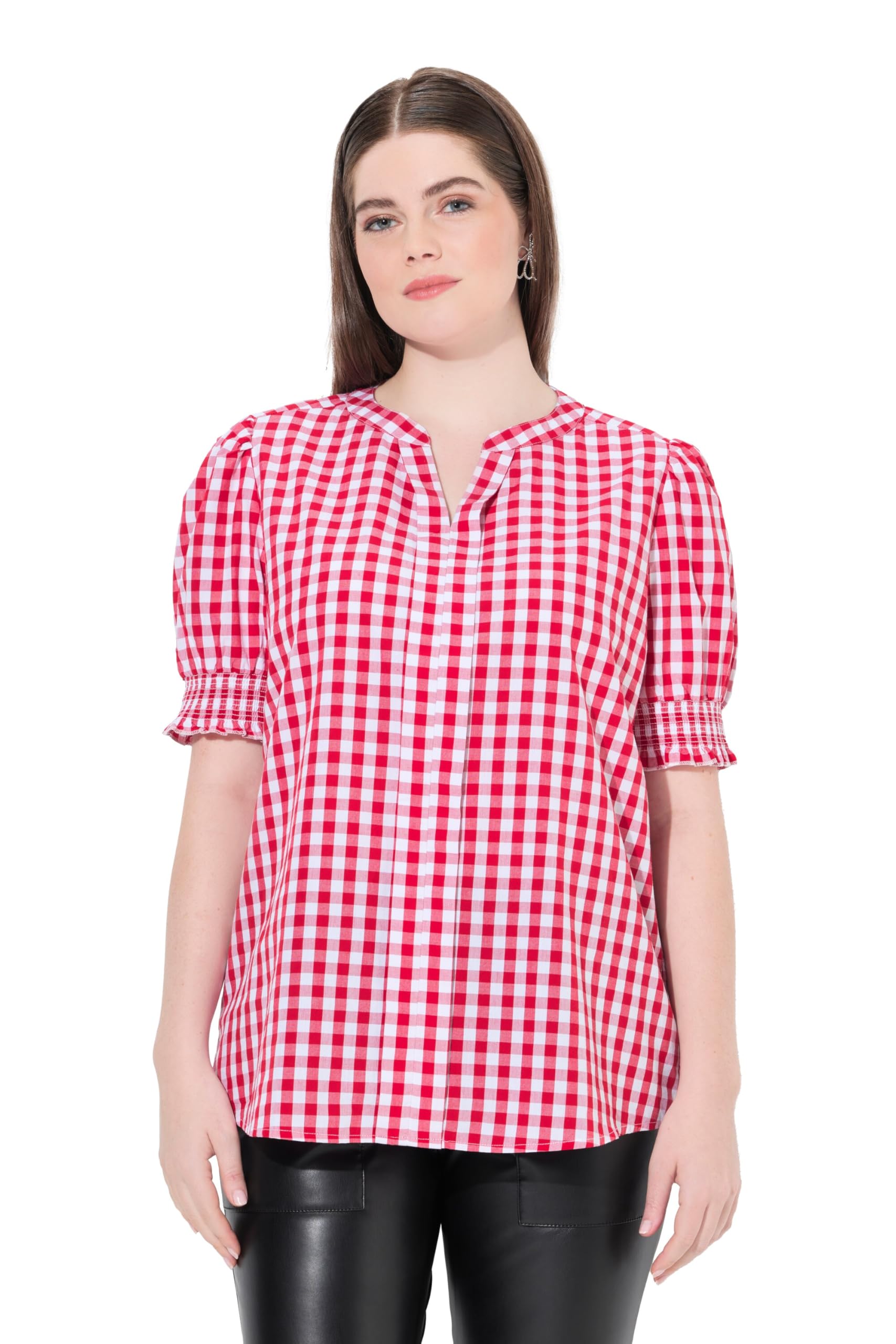 Ulla Popken Damen große Größen Übergrößen Plus Size Trachten-Karobluse, Zierfalte, Stehkragen, Puff-Halbarm 840294