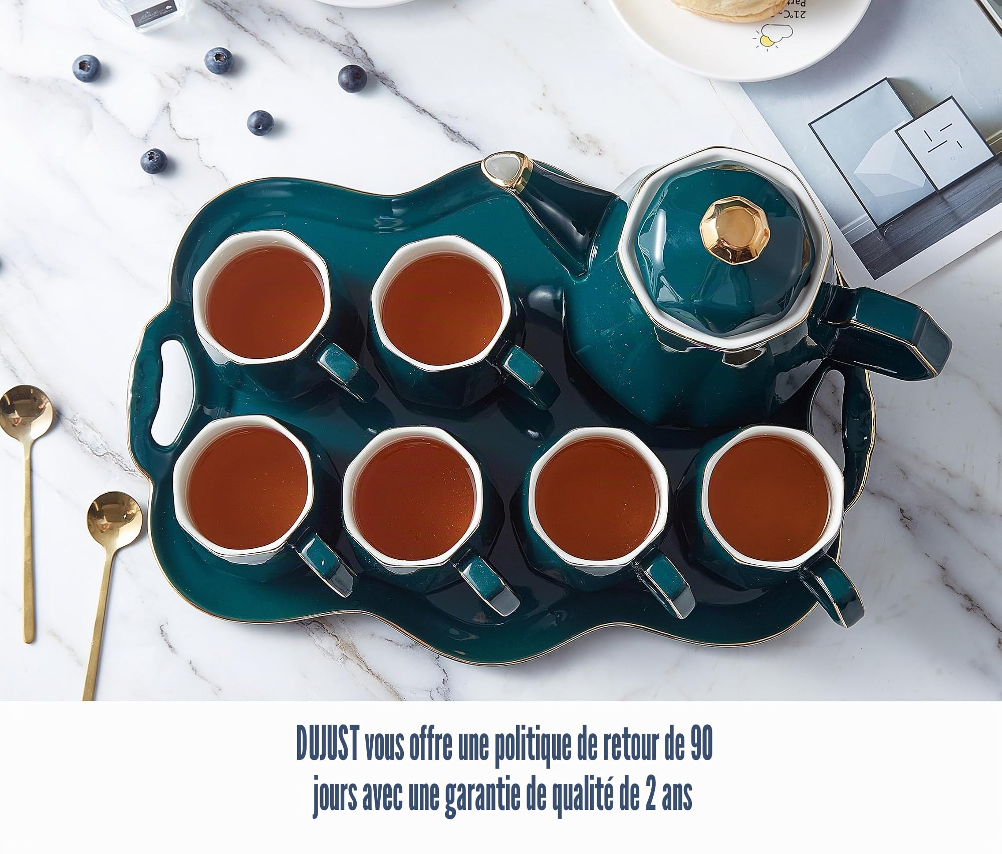 DUJUST Service à Thé 14 Pièces de 6 avec Plateau à Thé et Cuillères, Ensemble de Tasses à Thé/Café Design Diamant Moderne avec Garniture Dorée, Ensemble Théière/Thé en Oorcelaine - Vert