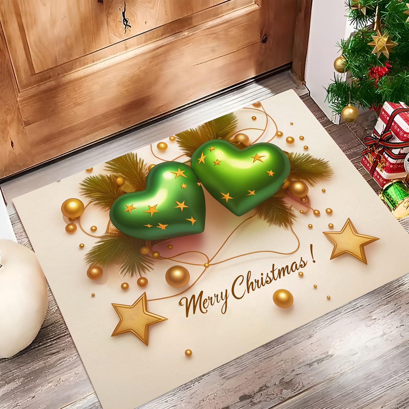 Felpudos De Navideño, 90X150Cm Antideslizante Alfombra De Globos 3D En Forma De Corazón, Alfombra De Puerta Entrada para Navidad De Lujo, Felpudos De Bienvenida De Beige para Interiores