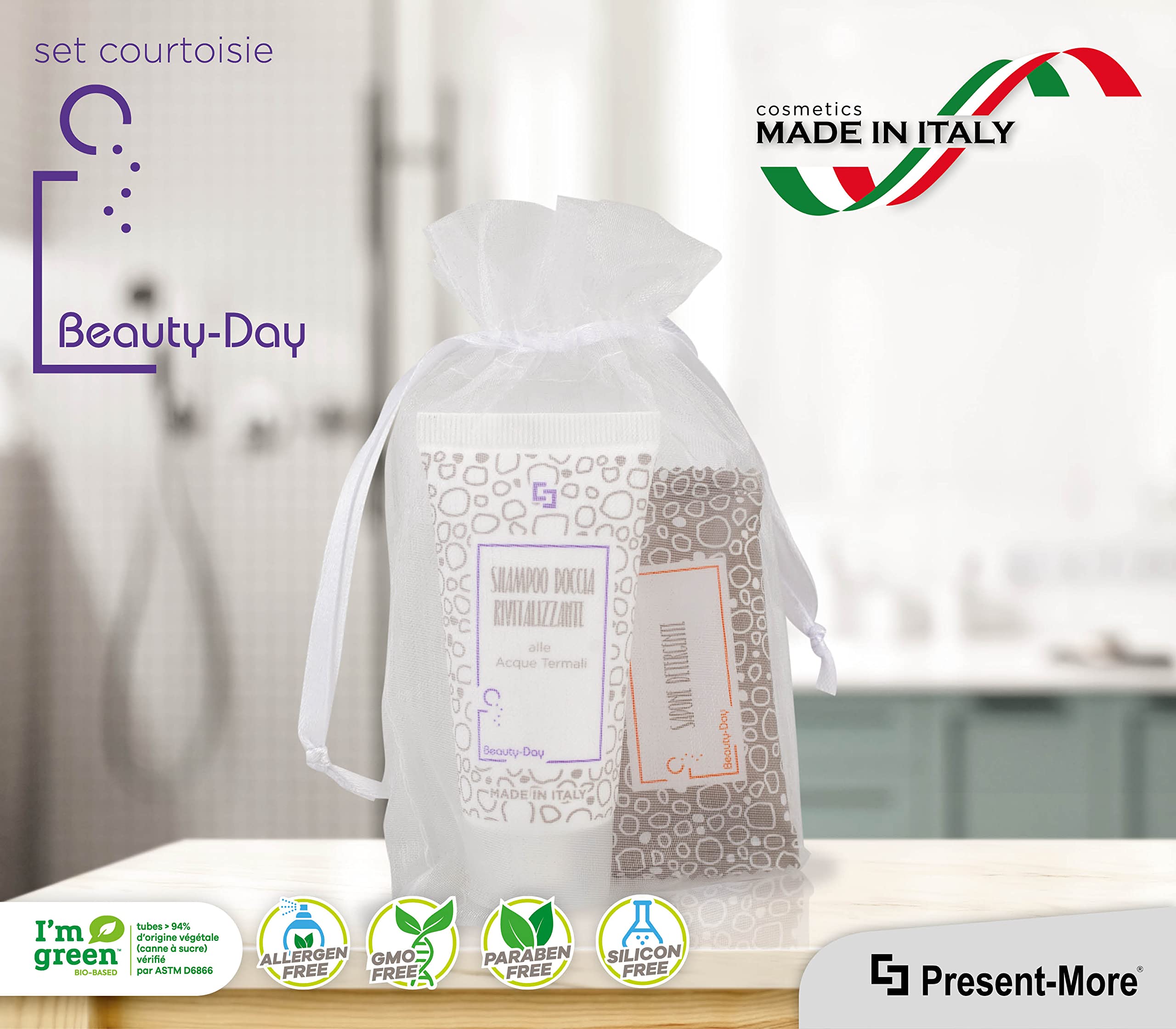 PRESENT-MORE - Kit Accueil 35 Invités Beauty-Day Italy - Parfum Ylang Ylang - Contenu: Shampooing Douche, Savon et Bonnet de Douche - Made in Italy - Pour Hôtels et B&B