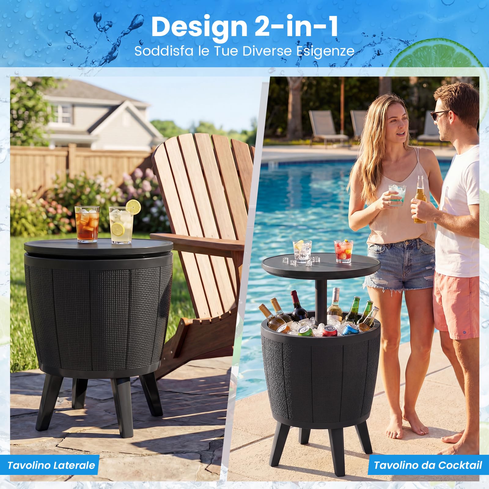 COSTWAY 2 in 1 Tavolino Frigo 38L da Esterno, Secchiello Ghiaccio Regolabile in Altezza 49 x 59-84H cm, Tavolo Bar con Tappo di Drenaggio, per Piscina, Cortile e Campeggio (Nero)