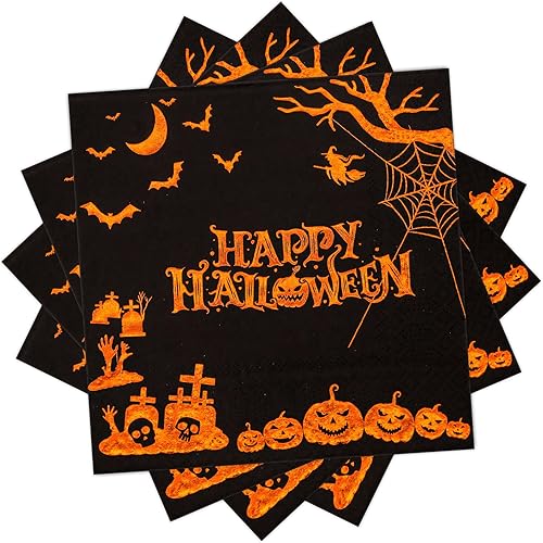 DYLIVeS Servilletas de fiesta de Halloween, servilletas de papel desechables de calabaza de Halloween, cementerio, murciélagos, suministros de