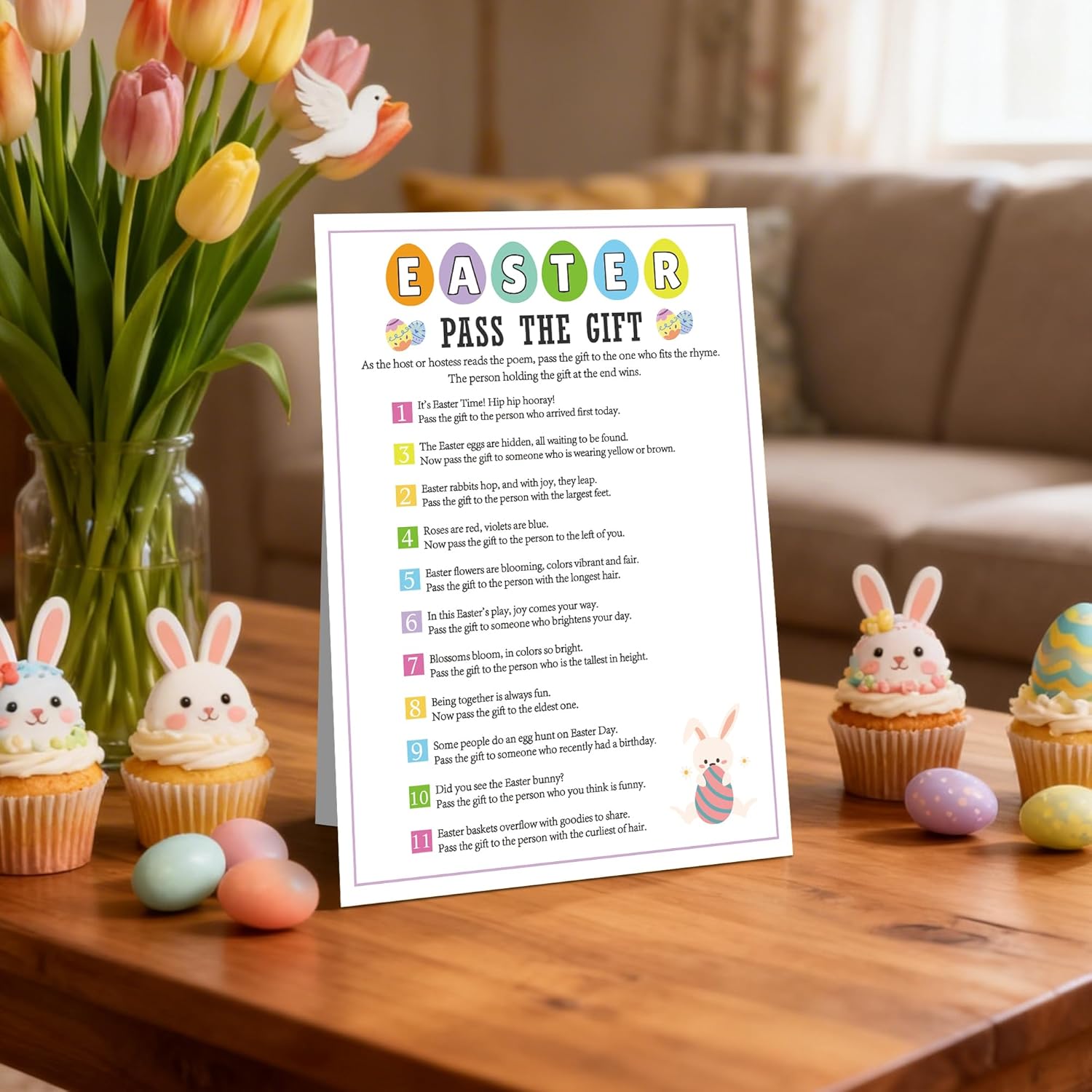 Easter Pass The Gift Game, 8 x 11 Standing Sign, Easter Games for Large Groups Family Party, Group Activities, CDG01