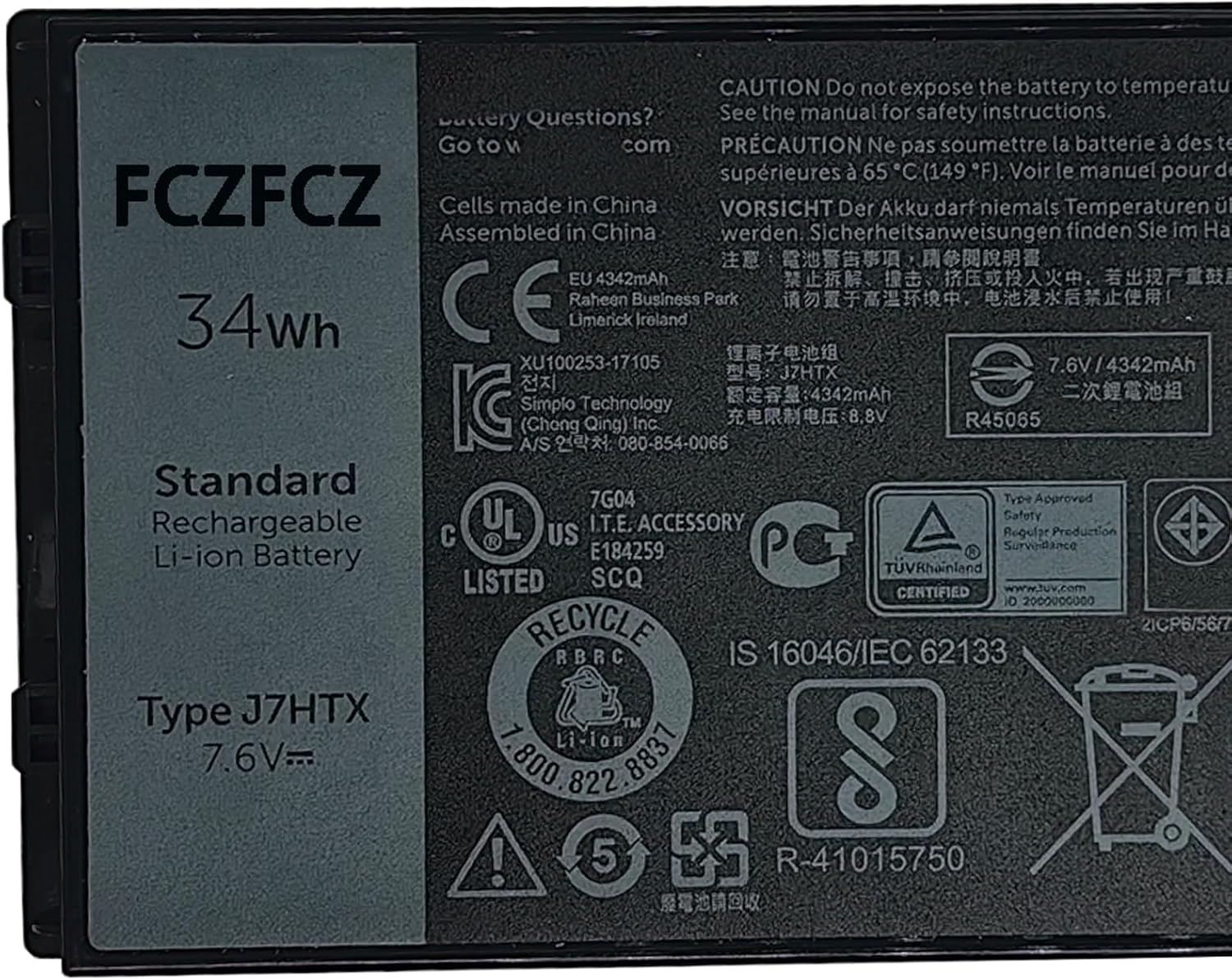 J7HTX Battery Replacement for Dell Latitude 7202 Rugged Extreme/Latitude 7212 Rugged Extreme/Latitude 7220 Rugged Extreme Series 02JT7D 7XNTR FH8RW J82G5 451-BCDH 7.6V 34Wh 4342mAh 4-Cell