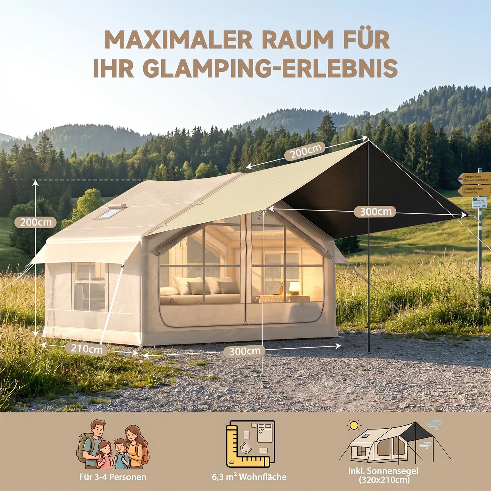 HAUSPROFI Luftzelt Aufblasbares Zelt 3-4 Personen, 6,3m² Glamping Hauszelt mit Vorzelt & Kaminöffnung, 200cm Stehhöhe, 420D Oxford Wasserdichtes Familienzelt für Camping Outdoor, Inkl. Pumpe