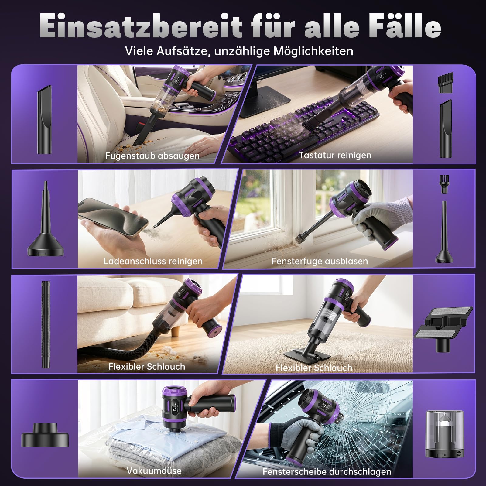 Handstaubsauger Akku 27000Pa mit LED-Display, 5-in-1 Kabelloser Autosauger Stark ,Bürstenloser Motor 220000 RPM,3 Stufen Mini Staubsauger mit HEPA-Filter,12 Zubehör für Auto,PC,Sofa,Tierhaare,Notfall