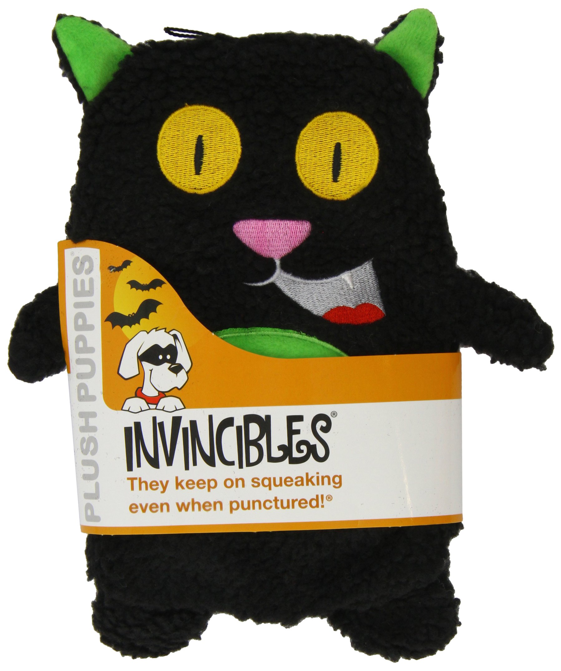 Outward Hound Kyjen 2764 Invincibles Plush Halloween Cat Stuffingless Dog Toys Squeaker Toy 3 Squeakers, Medium, Black