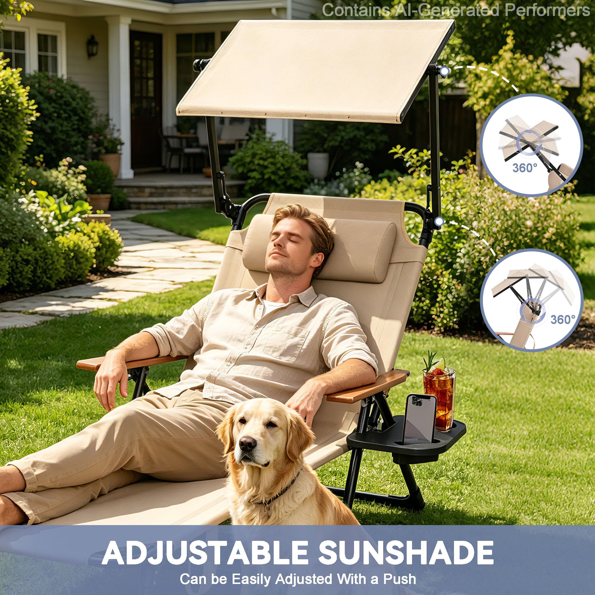 Sonnenliege Klappbar Wetterfest, 4-Fach Gartenliege mit Sonnenschutz & armlehne, Garten Liege mit Kopfkissen und Getränkehalter, Camping Liegestuhl für Garten, Terrasse, Pool (Beige)