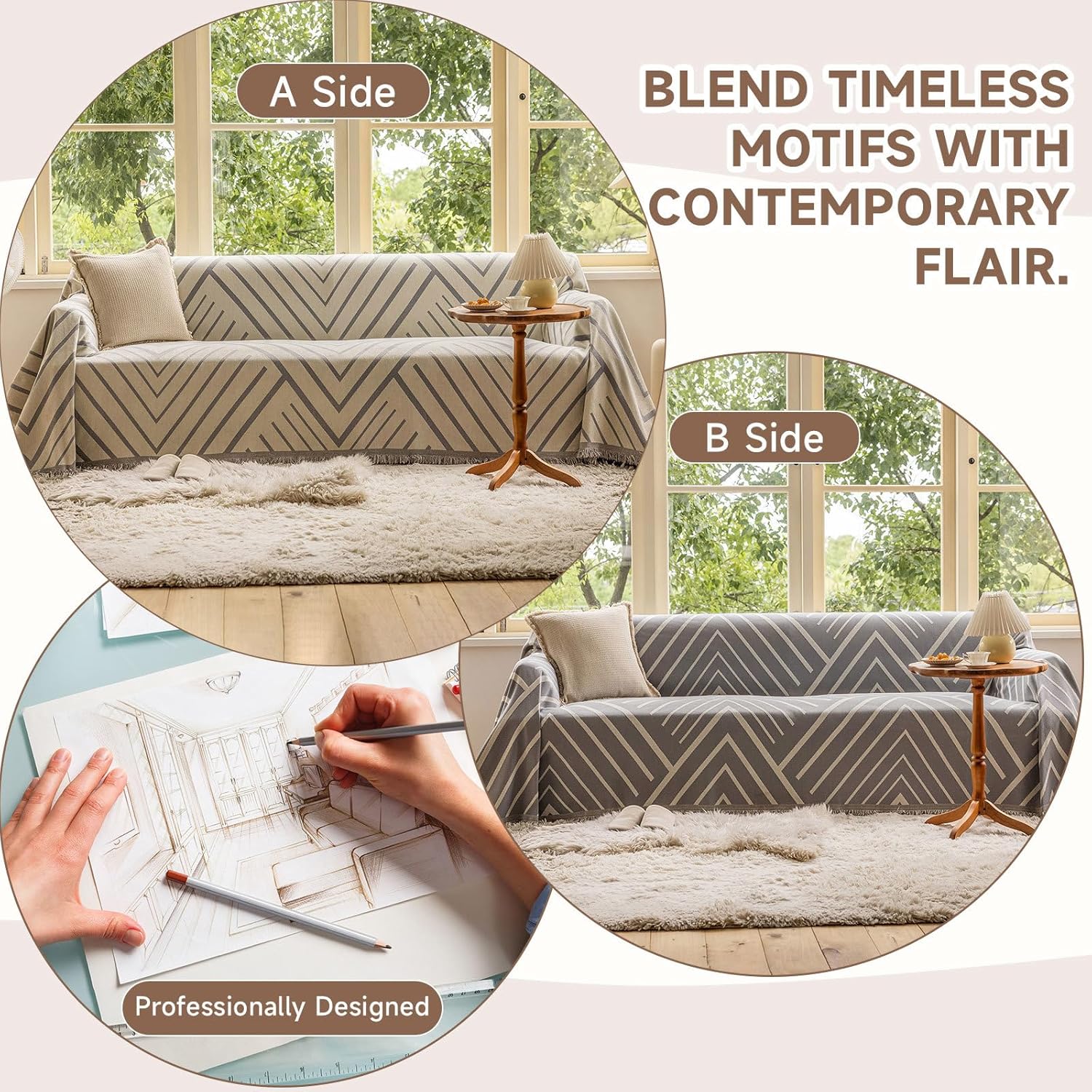 VClife Soft Thick Couch Cover Simple Beige Gray Herringbone Geometric Jacquard Sofa Couch Cover, Non Slip Chenille Futon L Shape Sofa Slipcover for 3 Cushion Sofa Couch