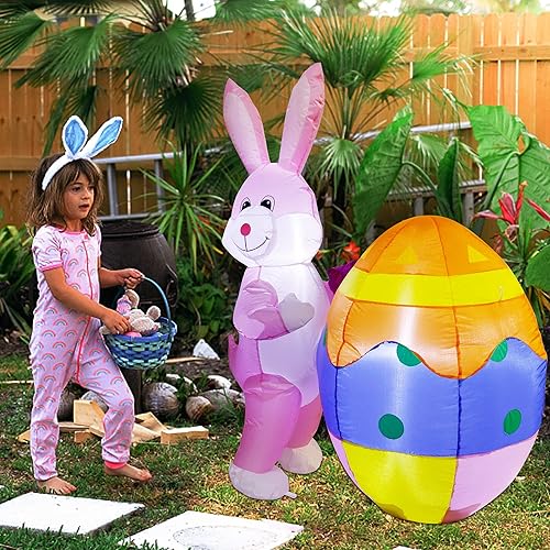 Miniatura 7 de Liooty Conejo de Pascua inflable iluminado de 4 pies con huevo conejo inflable de Pascua con LED integrados decoración perfecta de vacaciones al