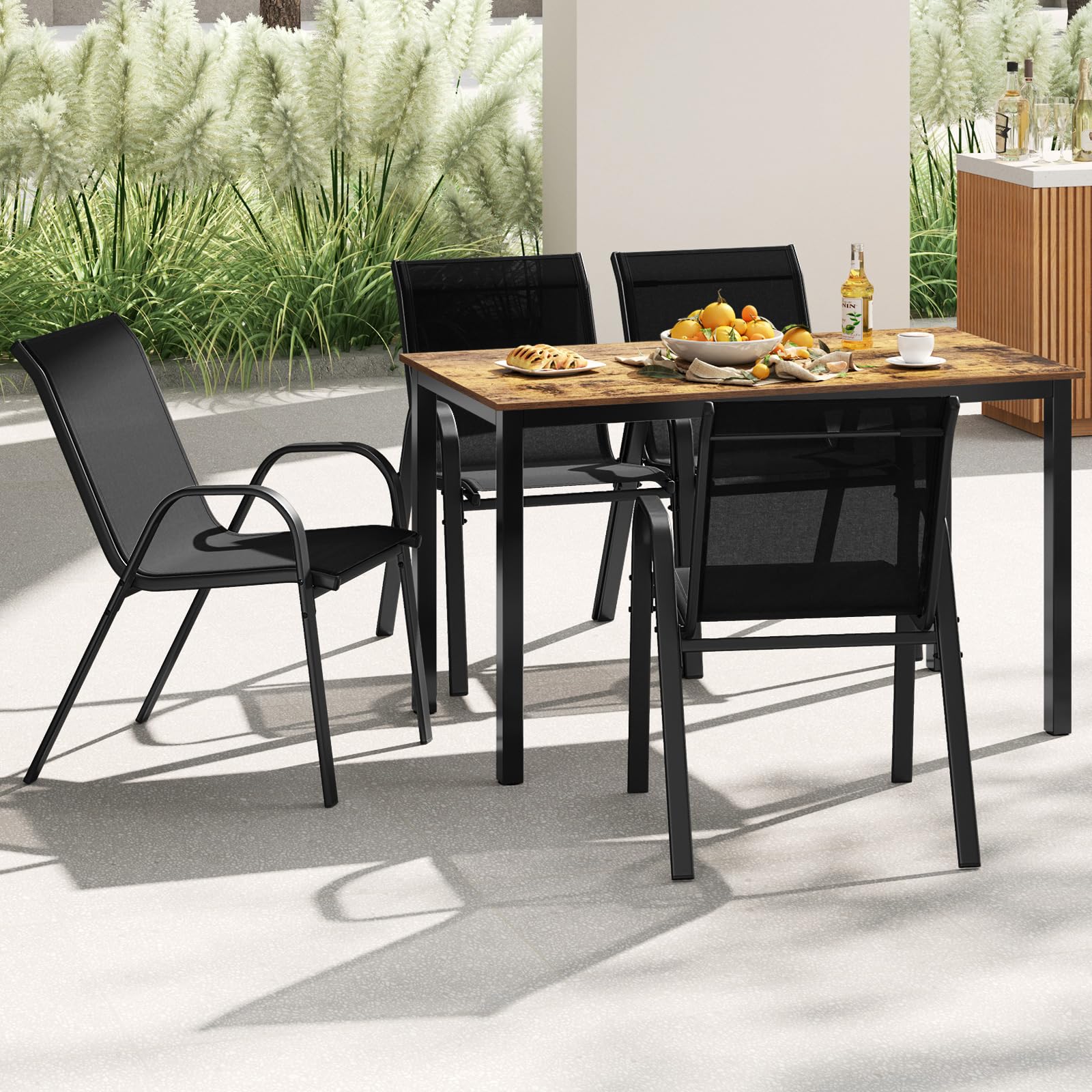 GIANTEX 4er Set Gartenstühle Stapelbar, Balkonstühle aus Textilene & Metall, Stapelstühle Hochlehner mit Armlehnen, Terrassenstühle Outdoor belastbar bis 150 kg (4, Schwarz, 56x70x84 cm)