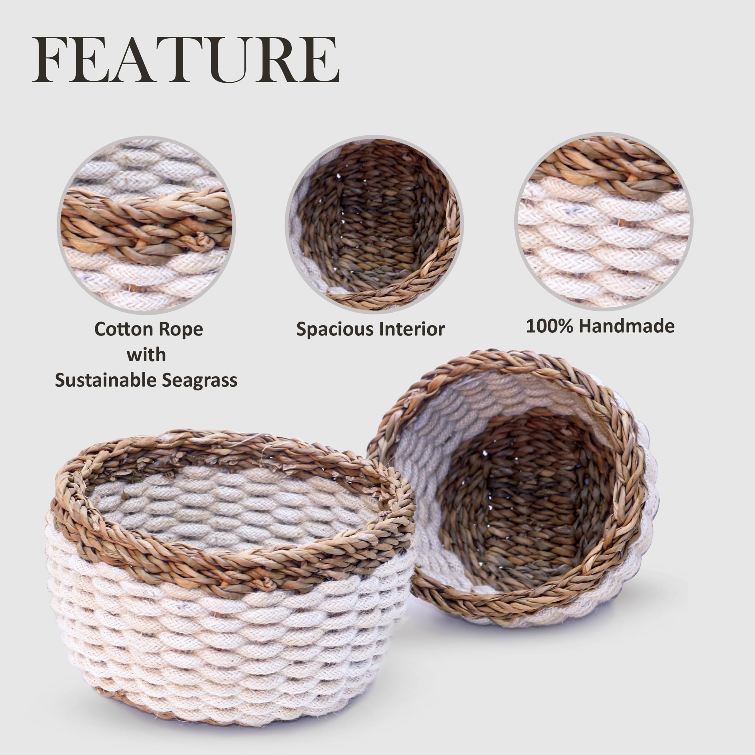 DENOVA Basket Cotton and Seagrass, Round, Storage & multipurpose basket, Home and Kitchen White and Natural, Set of 3 3
