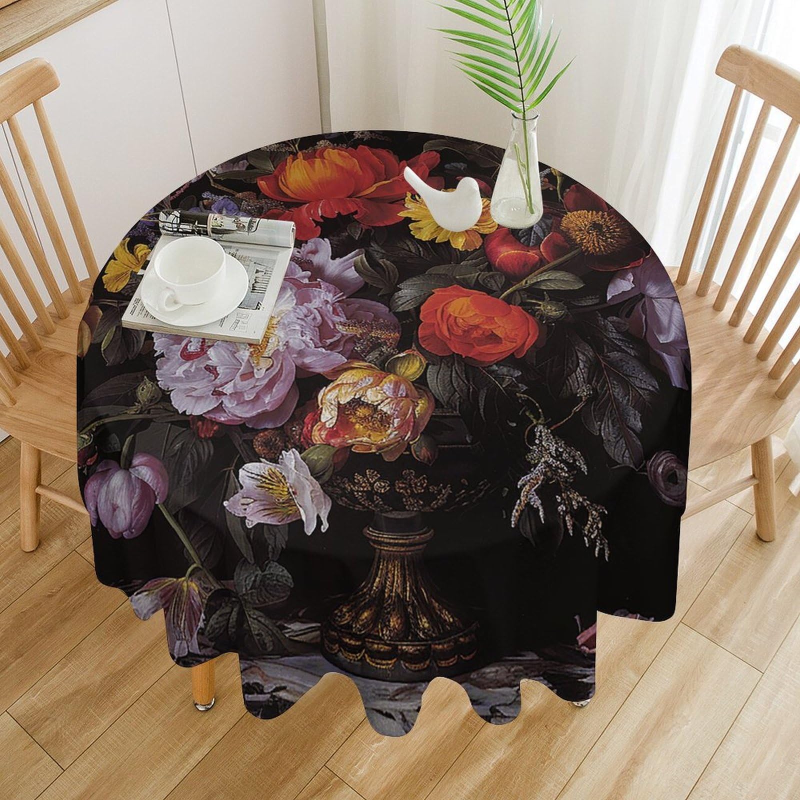 Nappe ronde ornée de vases de fleurs 152x152 cm lavable imperméable pour table salle à manger