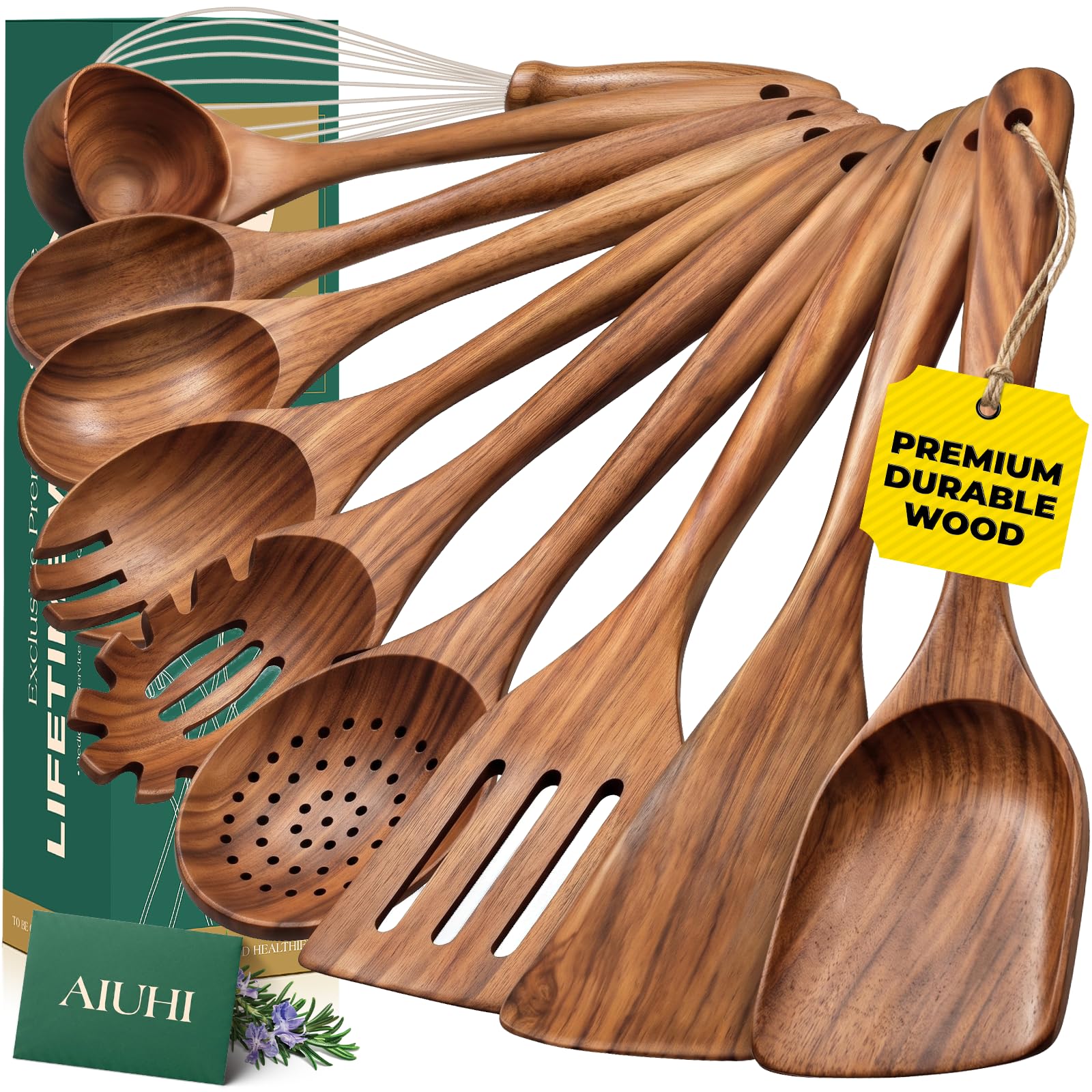 Kochutensilien aus Holz, 10 Stück, Küchenutensilien, Holzlöffel zum Kochen, Teakholz, Pfannenwender für antihaftbeschichtetes Kochgeschirr (10)
