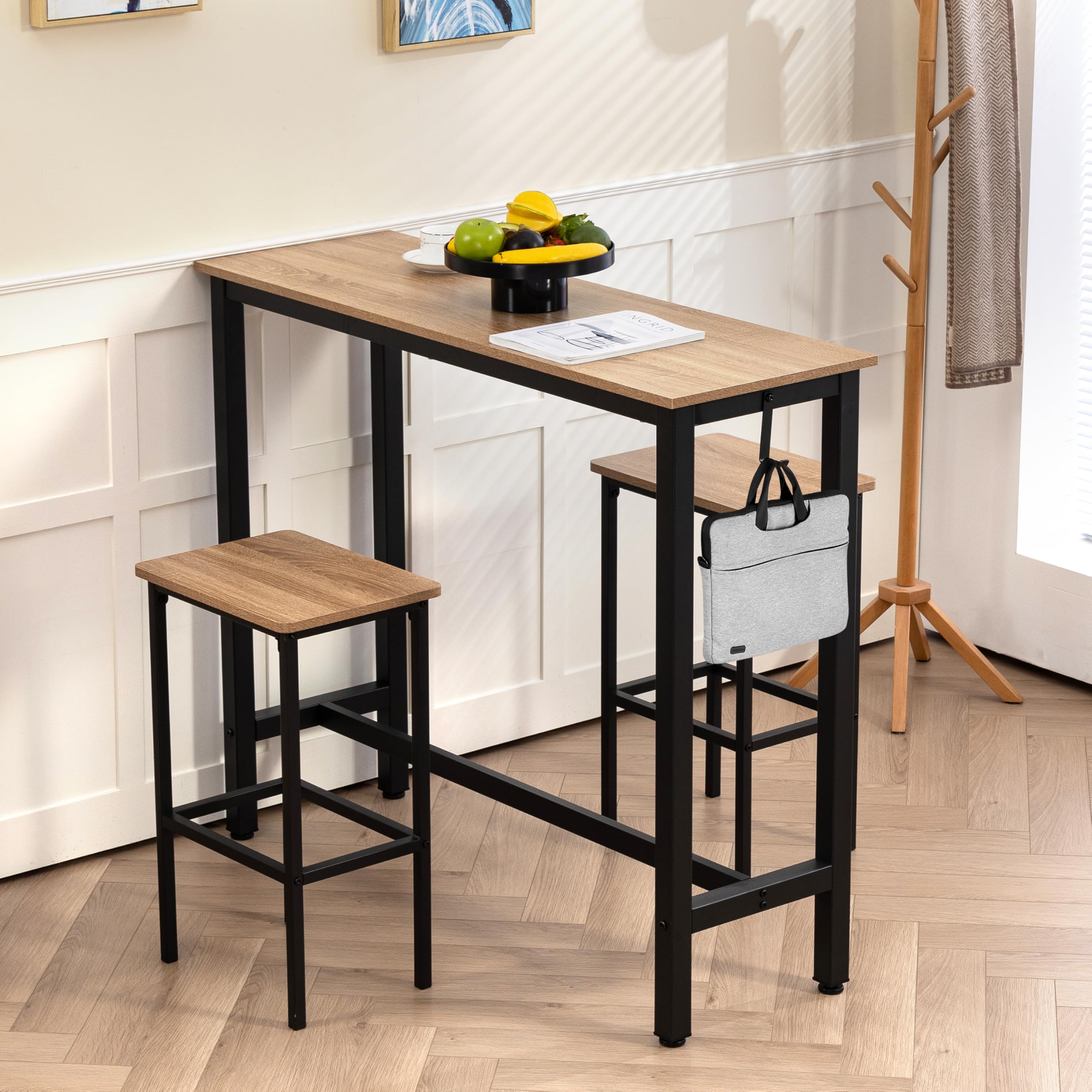 Finnhomy 47" Industrial Bar Table Set with 2 Stools - Counter Height Dining & Pub Table for Small Spaces, Kitchen, Apartment, Breakfast Nook - Metal & Wood, Space-Saving Furniture - Greige