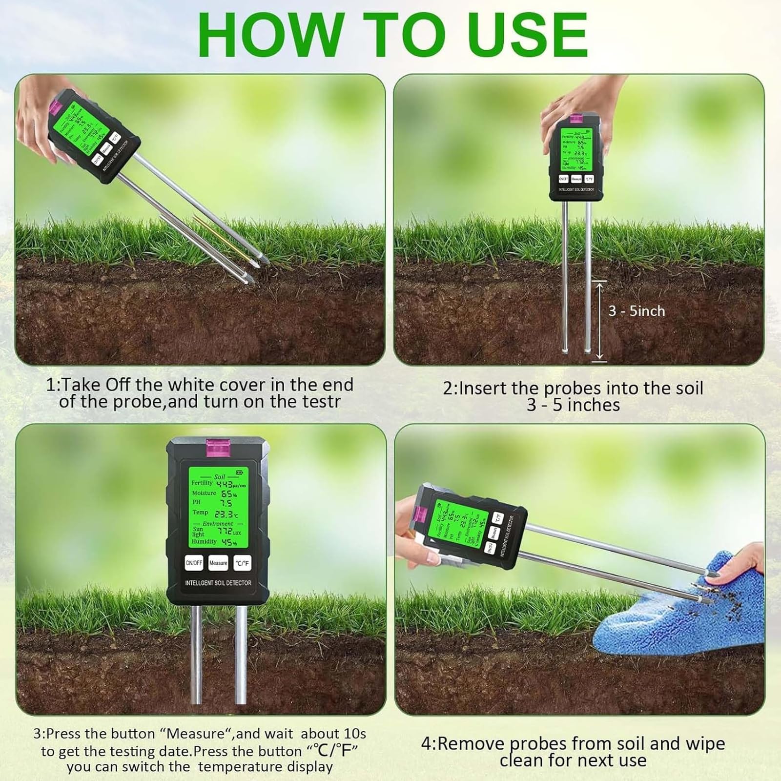 Medidor de humedad del suelo: mide el pH, la humedad, la fertilidad, la temperatura y la intensidad de la luz solar con pantalla LCD retroiluminada para jardinería y plantas al aire libre
