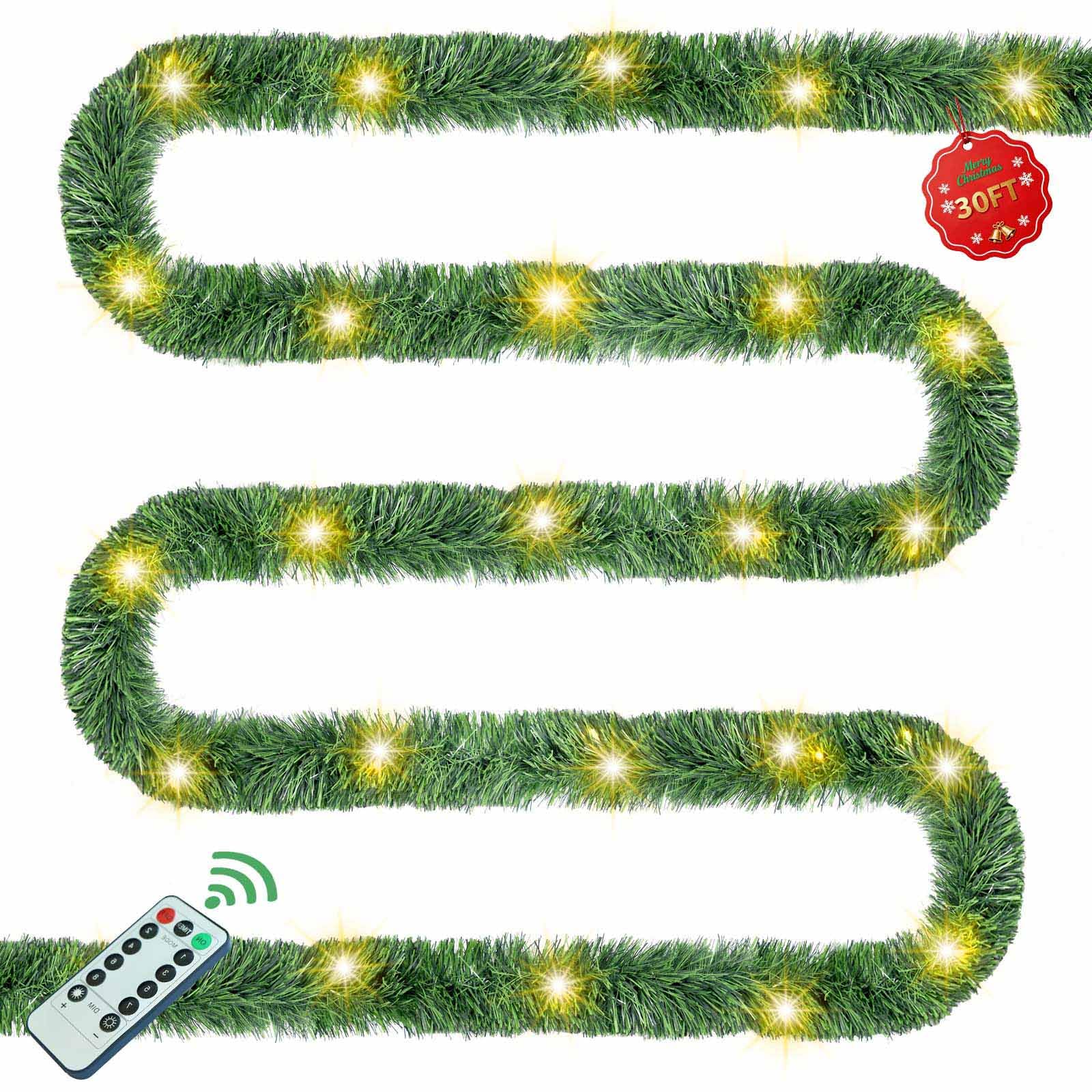 Guirlande de Noël avec lumières, 9,1 m, 50 LED, fonctionne à piles, longue guirlande pré-éclairée, minuterie à distance pour escaliers, garde-corps, cheminée, cheminée, cadre de porte de bureau