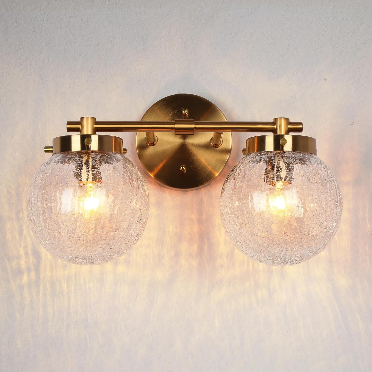 Gold Bathroom Vanity Light Fixtures, 2-Light Modern Vanity Lights for Bathroom with Cracked Textured Glass Shades, Plating Brass Bathroom Lights Over Mirror
